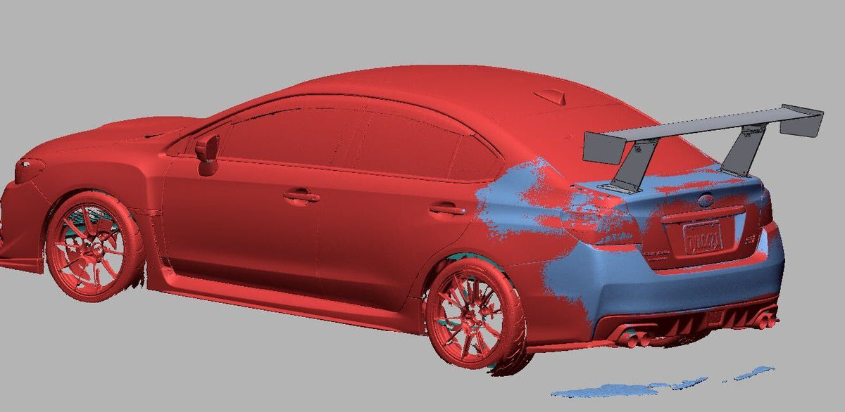 3D scan render of a Subaru WRX / STI (VA) with the bottom-mount TC wing, rear three-quarter view