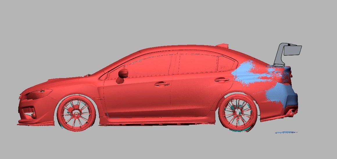 3D scan render of a Subaru WRX / STI (VA) with the swan-mount TC wing, side profile