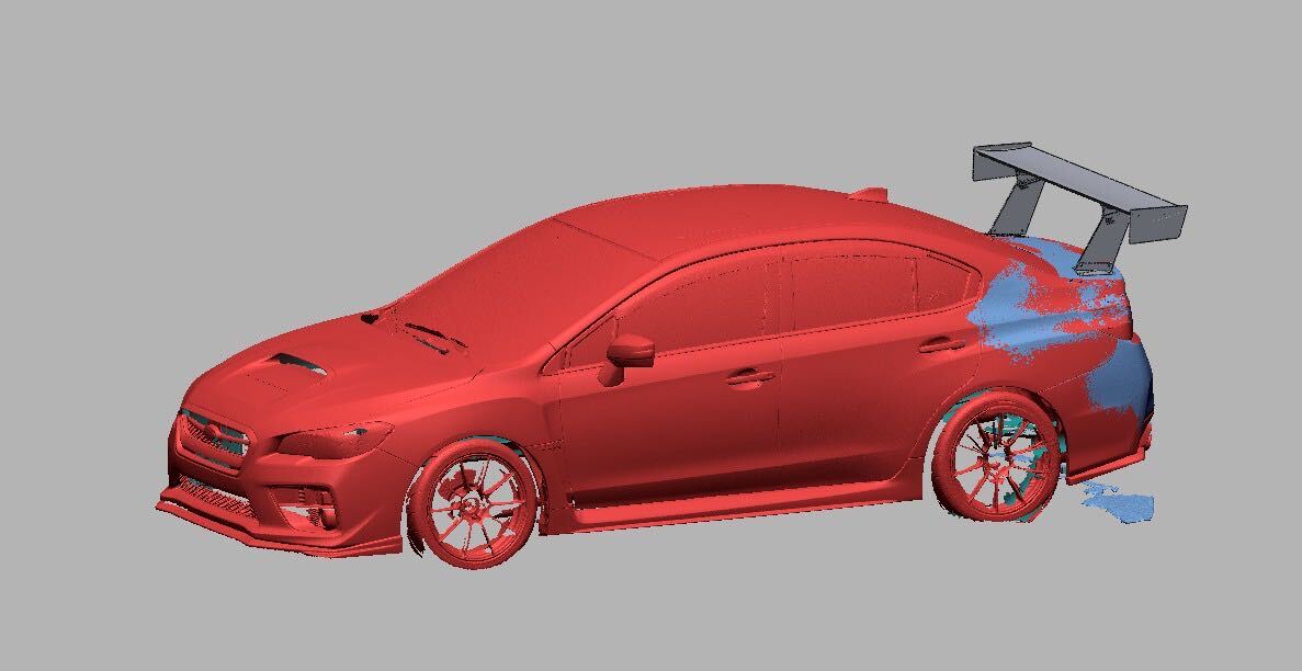 3D scan render of a Subaru WRX / STI (VA) with the bottom-mount TC wing, front three-quarter view