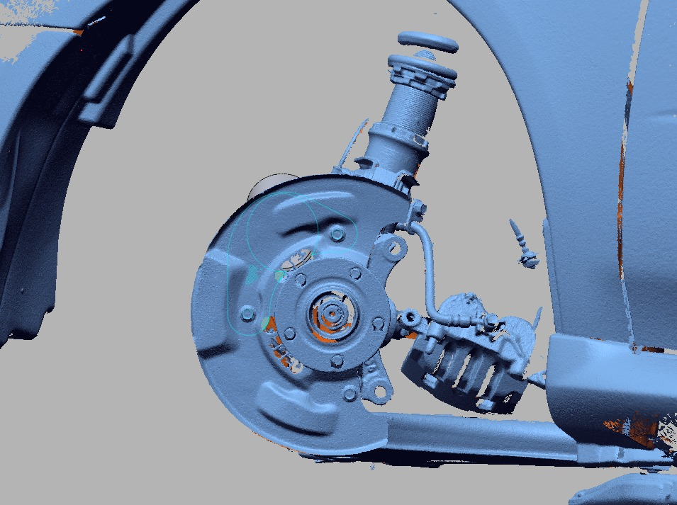3D scan render of the full brake duct and rotor adapter assembly on the front suspension