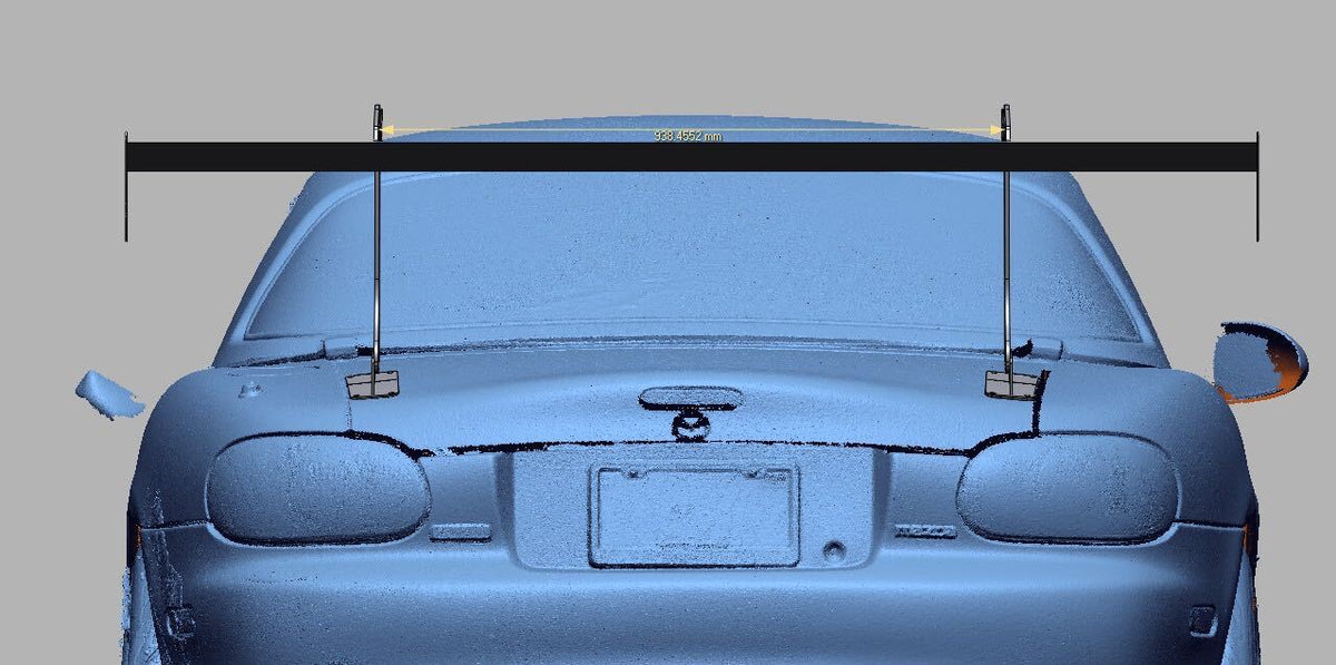 3D scan render of a Mazda Miata NB from behind, showing the TC wing span and upright spacing