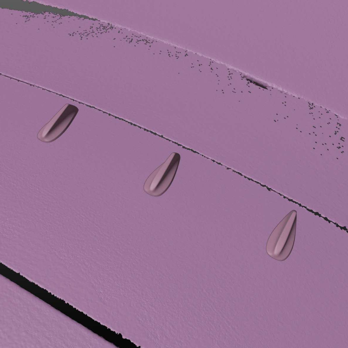 Close-up render of three vortex generator plugs installed in a row on a wing surface