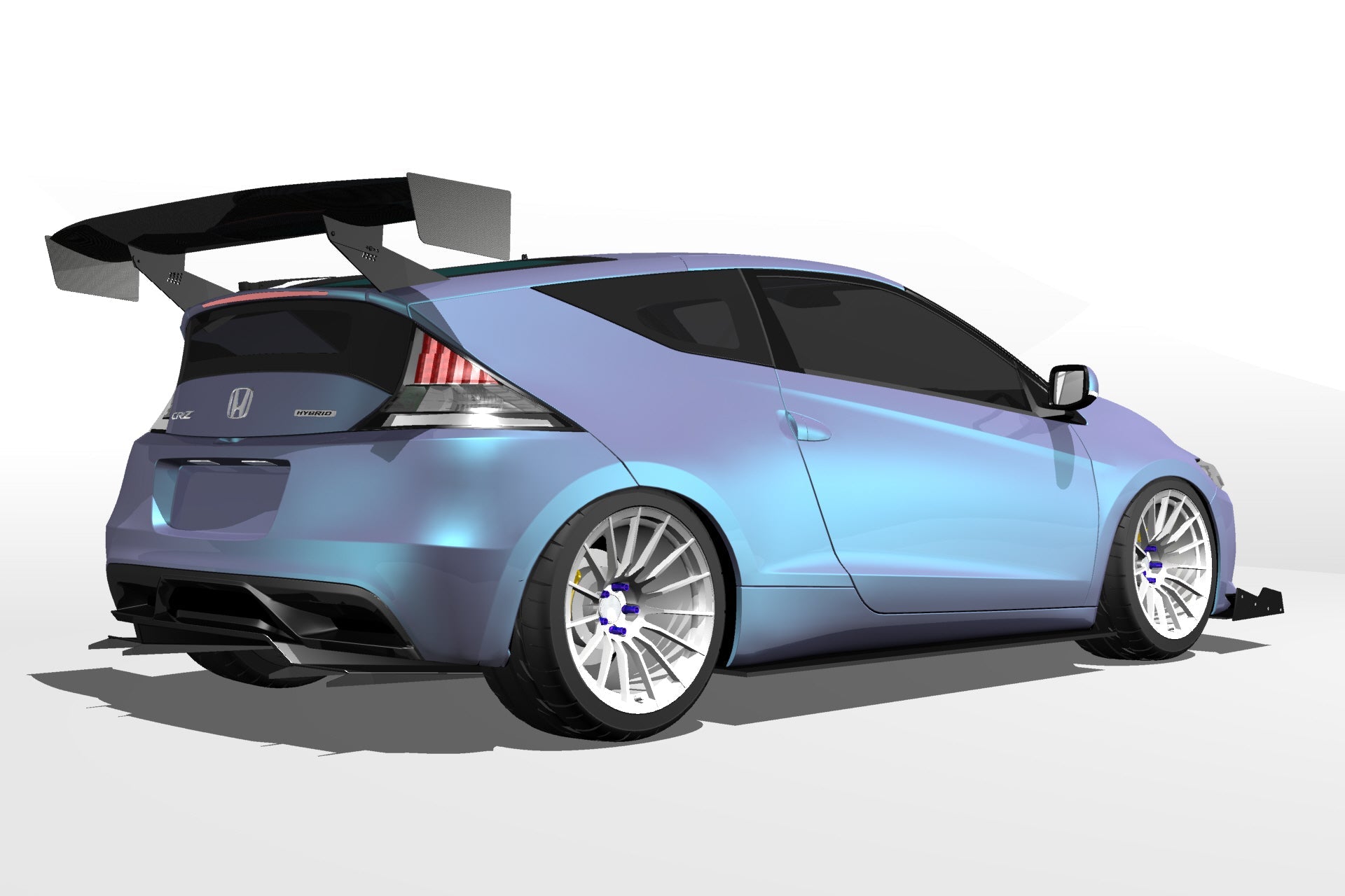 Rear three-quarter 3D render of a blue Honda CR-Z with GT wing fitment