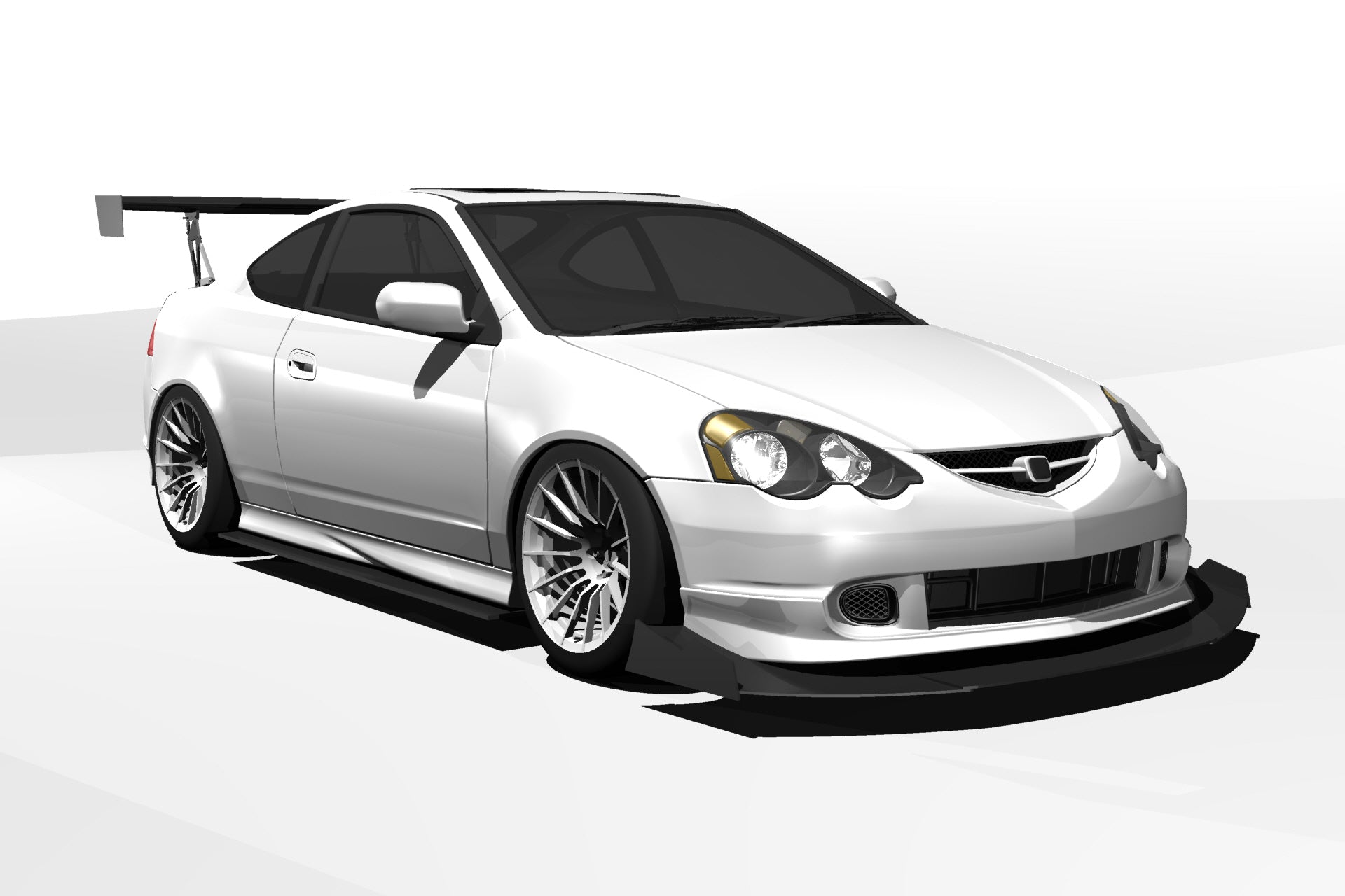 Front three-quarter 3D render of a white RSX with GT wing fitment