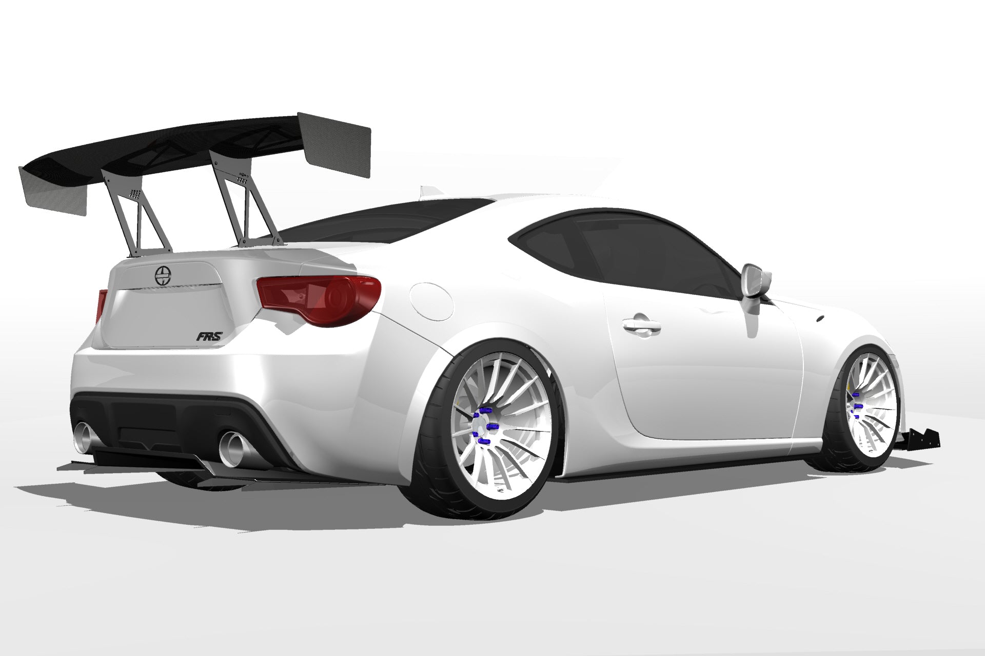 Rear three-quarter 3D render of a white FRS/BRZ with GT wing fitment