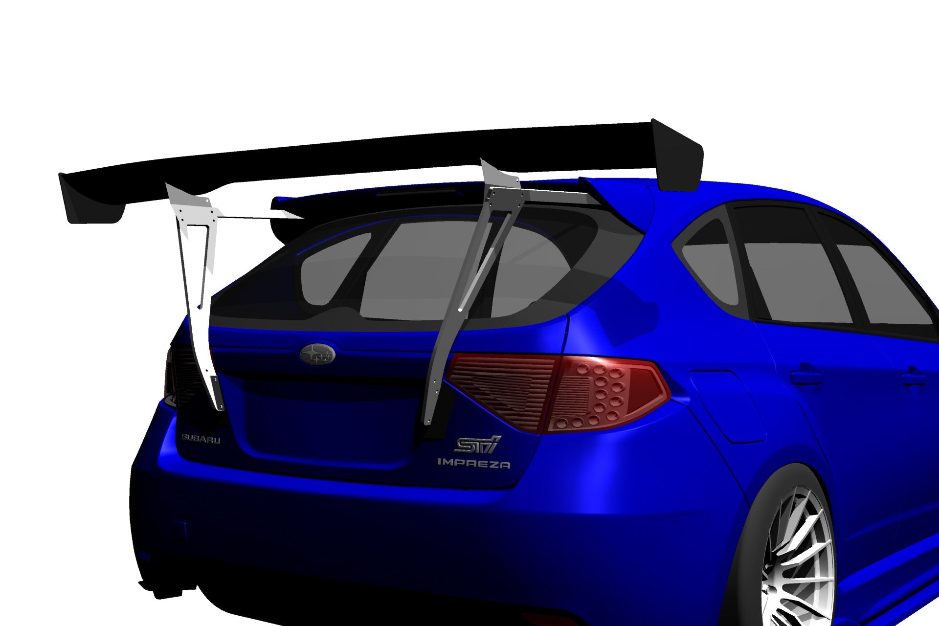 Rear three-quarter 3D render of a blue Impreza Hatchback GR with GT wing fitment