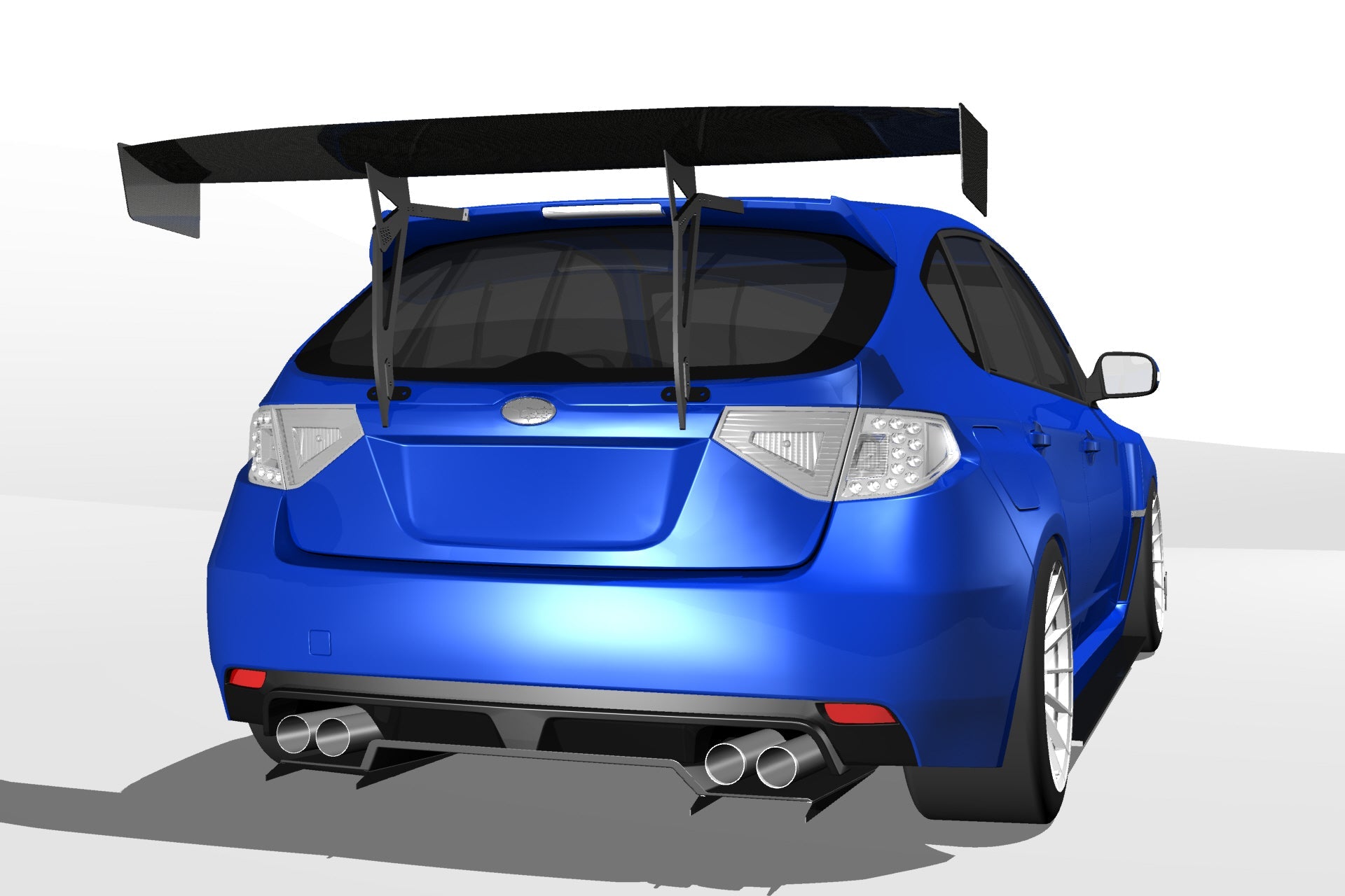 Alternate rear 3D render of the GT wing fitment on a blue Impreza Hatchback GR