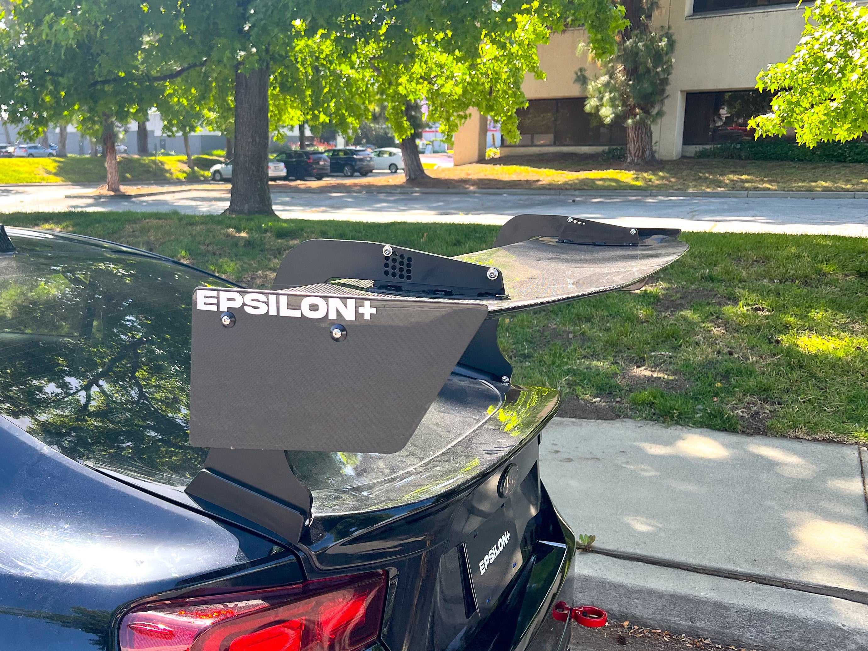 Close-up of the Epsilon+ GT wing endplate mounted on a black FRS/BRZ
