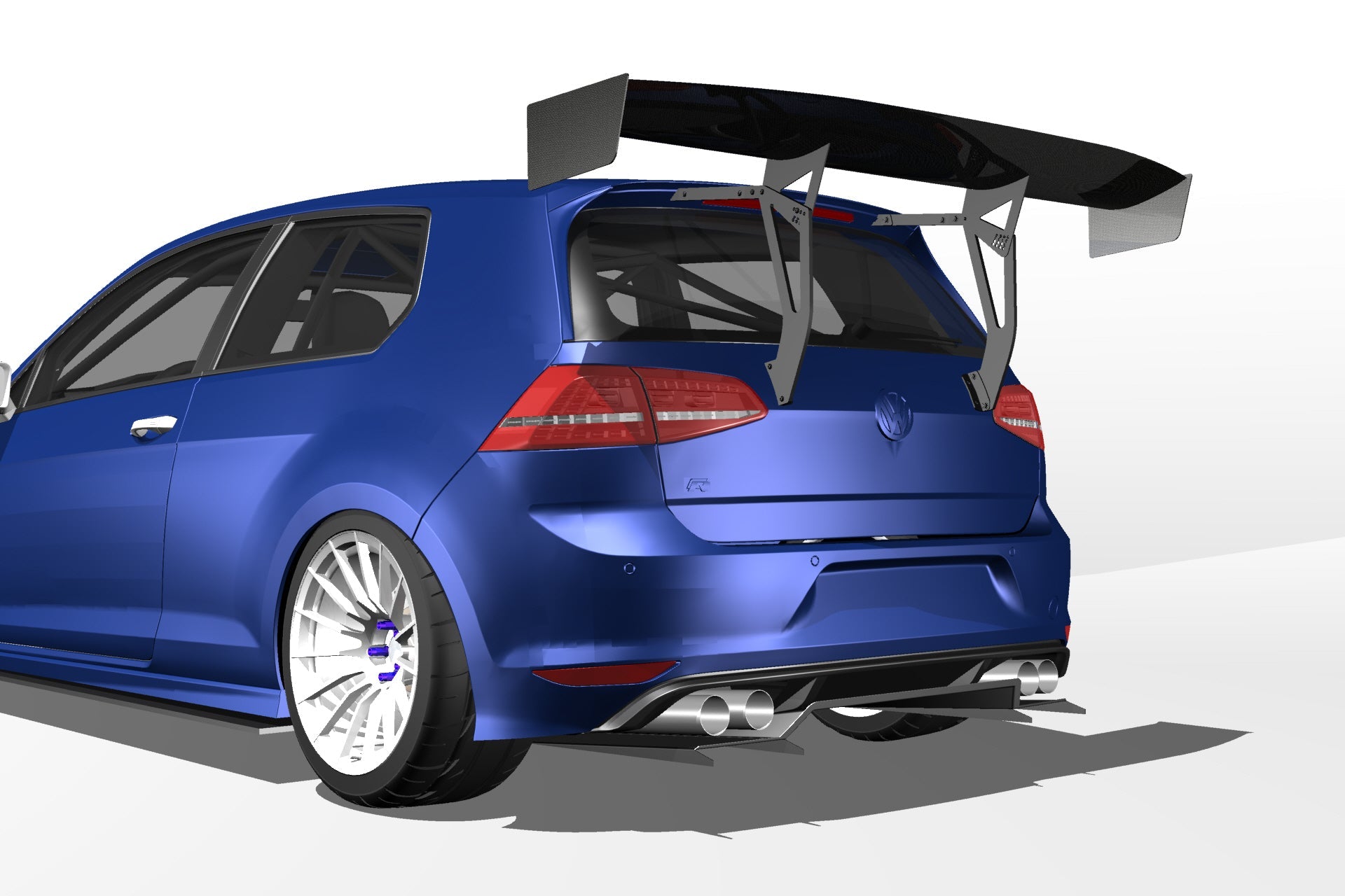 Rear three-quarter 3D render of a blue Golf Mk7 with GT wing fitment