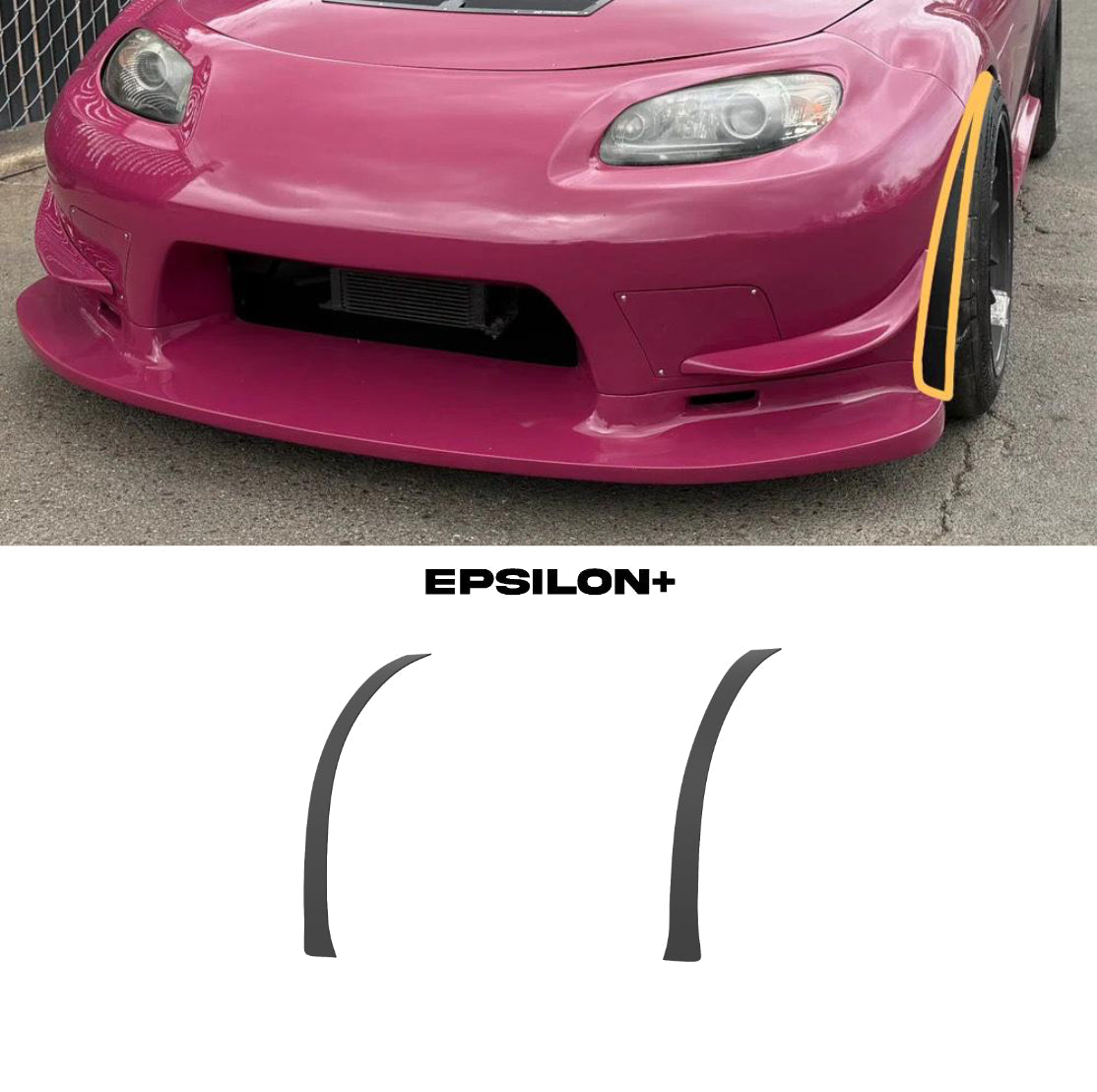 Front three-quarter view of a pink Miata NC with tire spat installed, plus studio shot of the spat pair