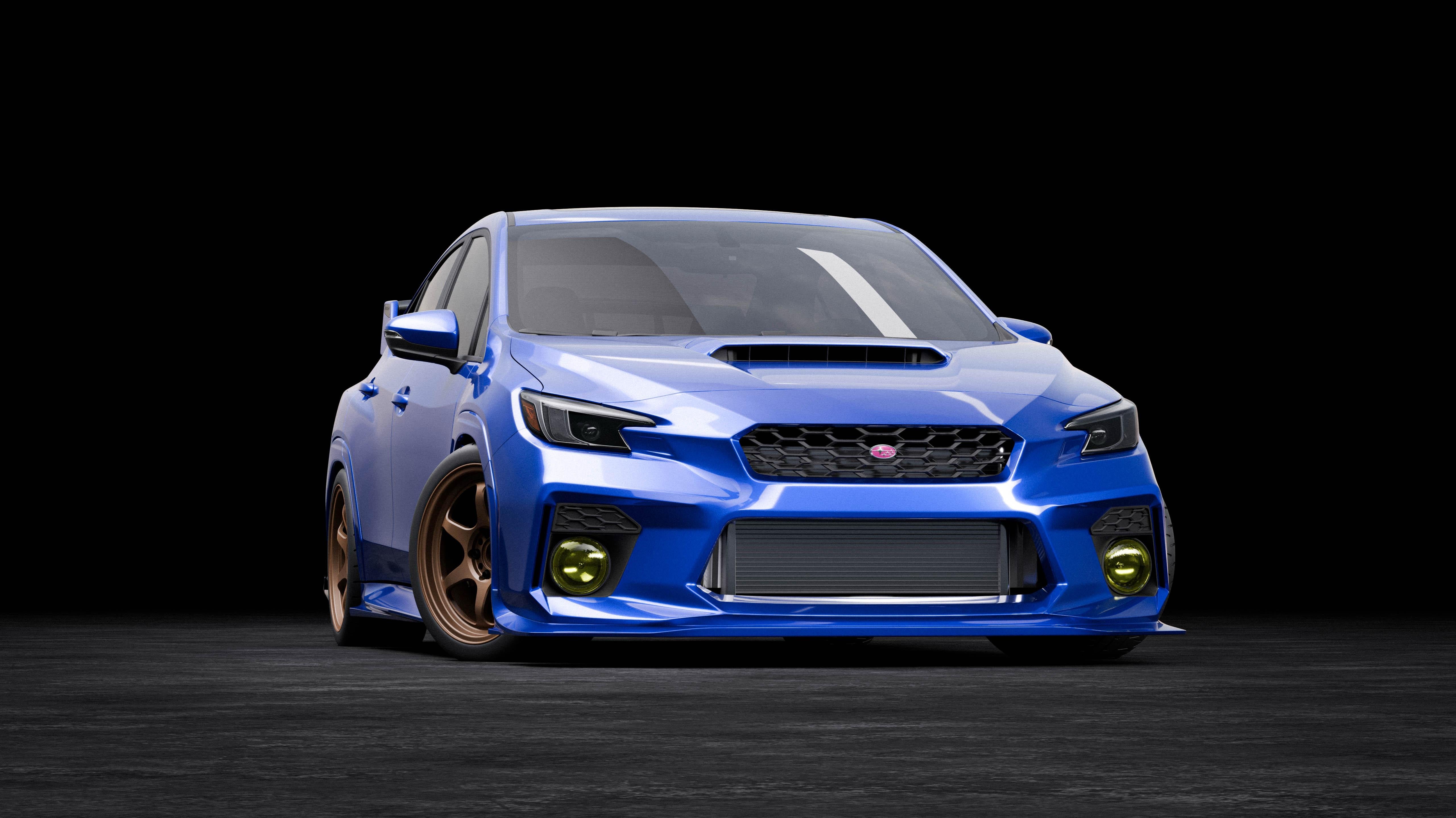 Front three-quarter studio render of a blue Subaru WRX VB with the front bumper