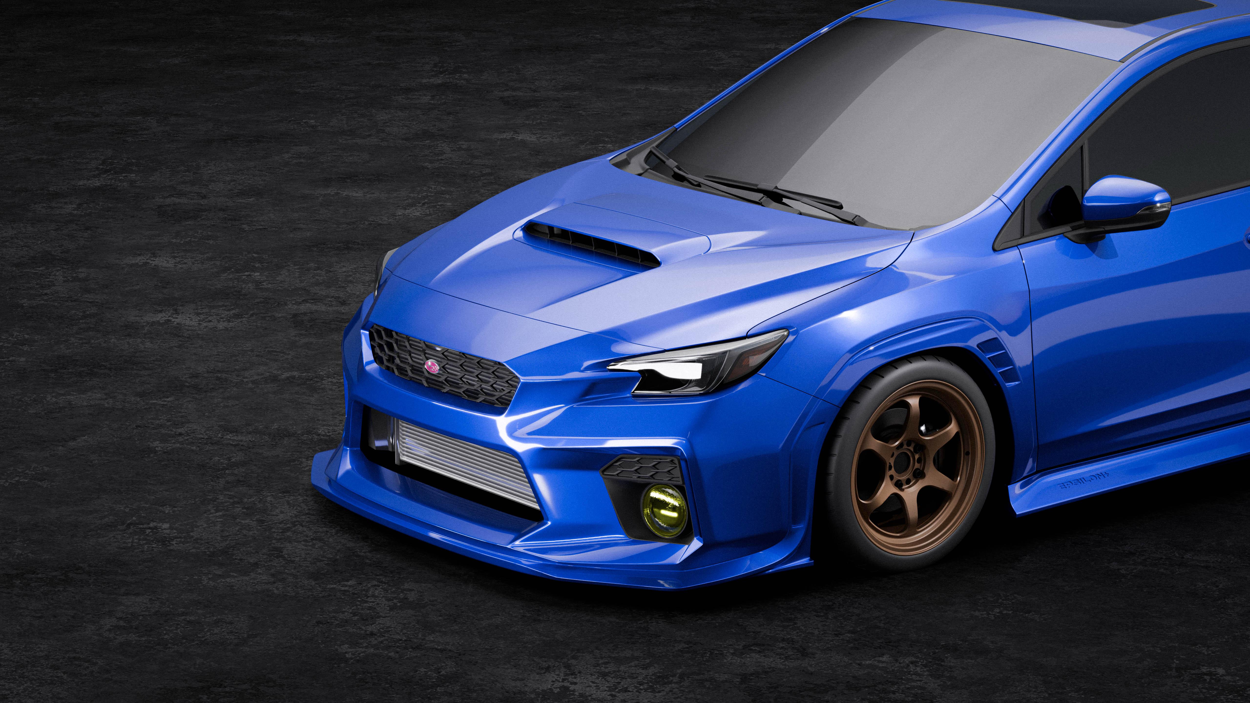 Front-on studio render of a blue Subaru WRX VB with the front bumper and integrated air curtains