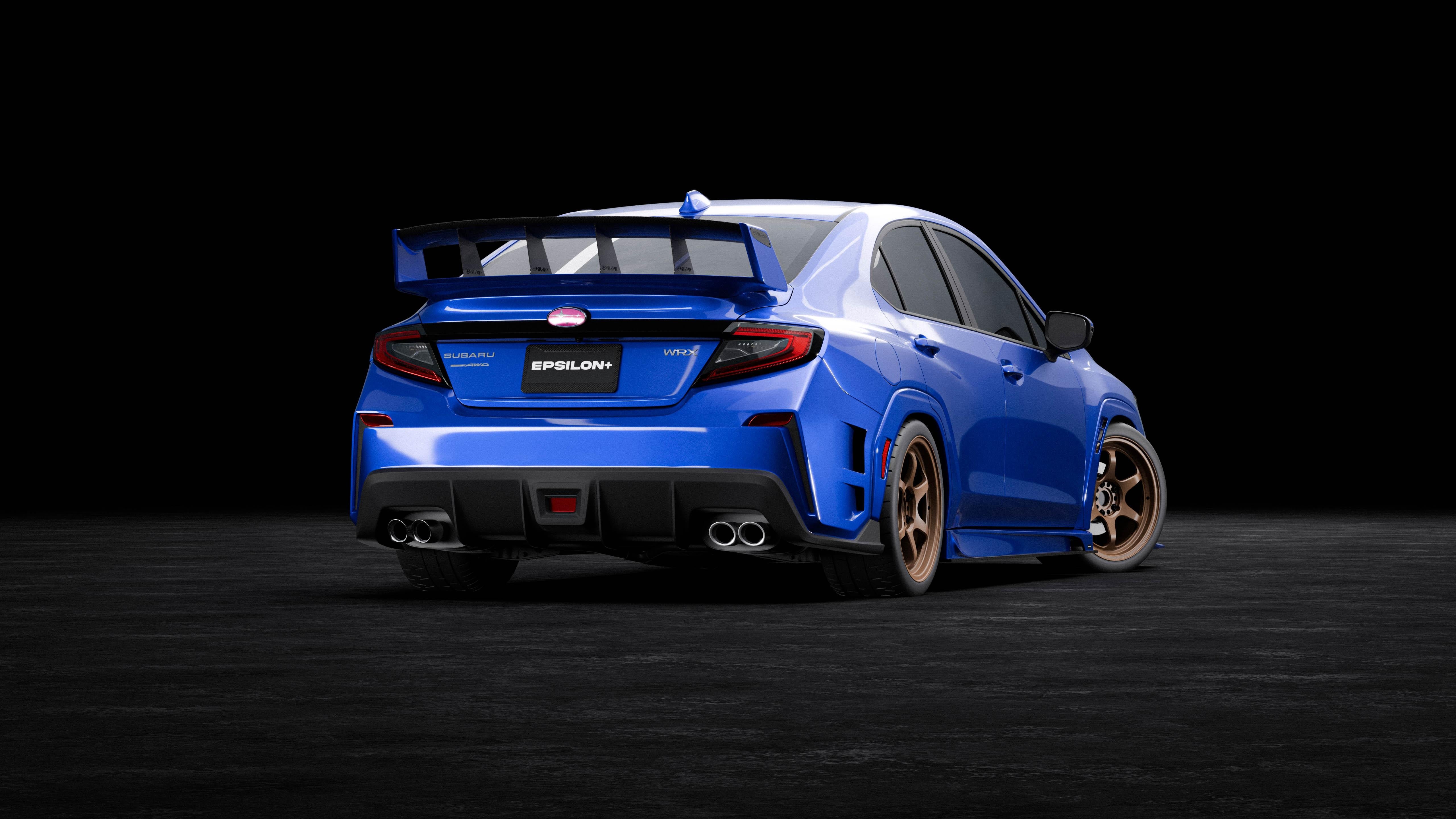Rear three-quarter studio render of a blue Subaru WRX VB with the rear bumper