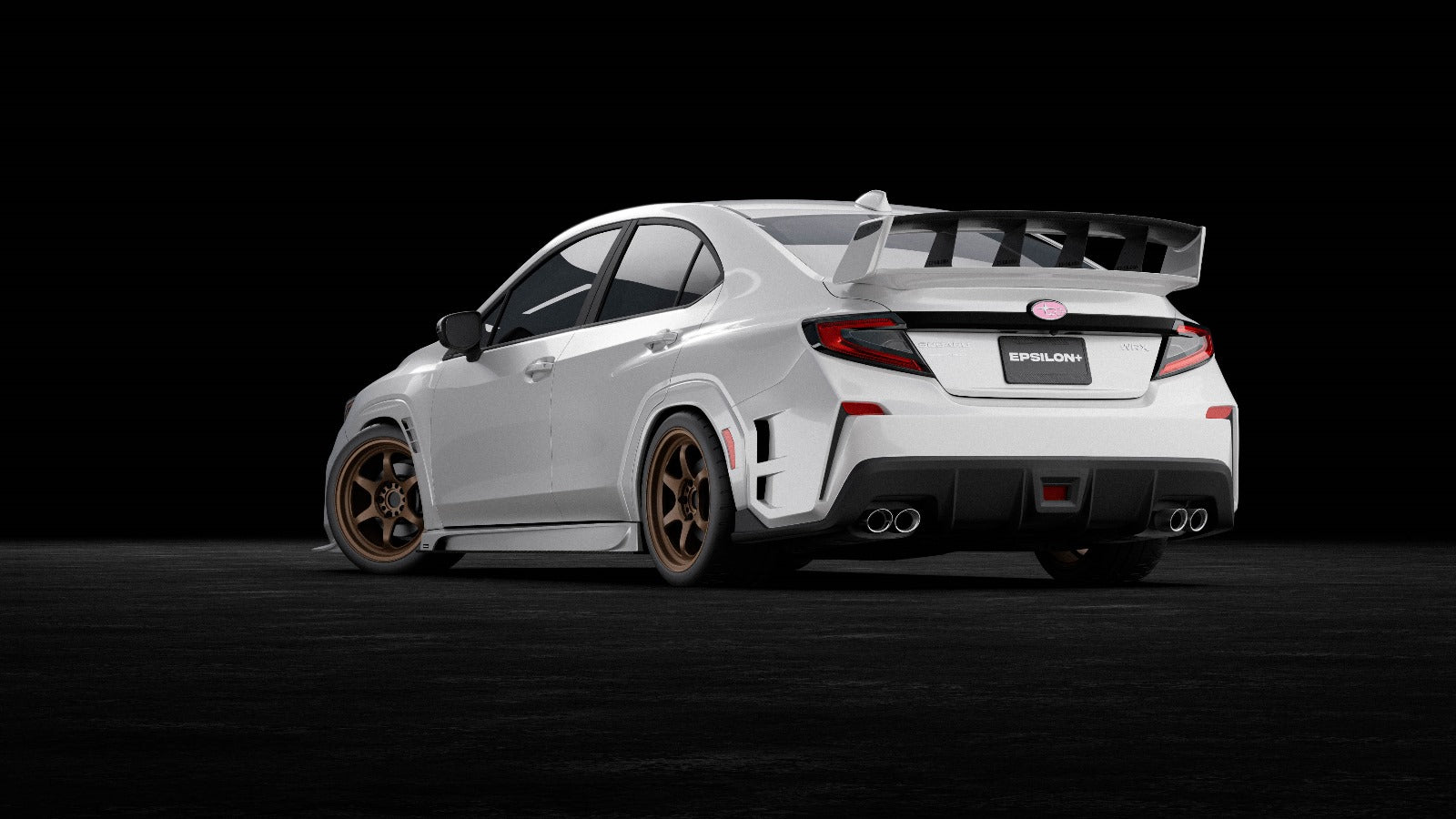 Rear three-quarter studio render of a white Subaru WRX VB with the rear bumper