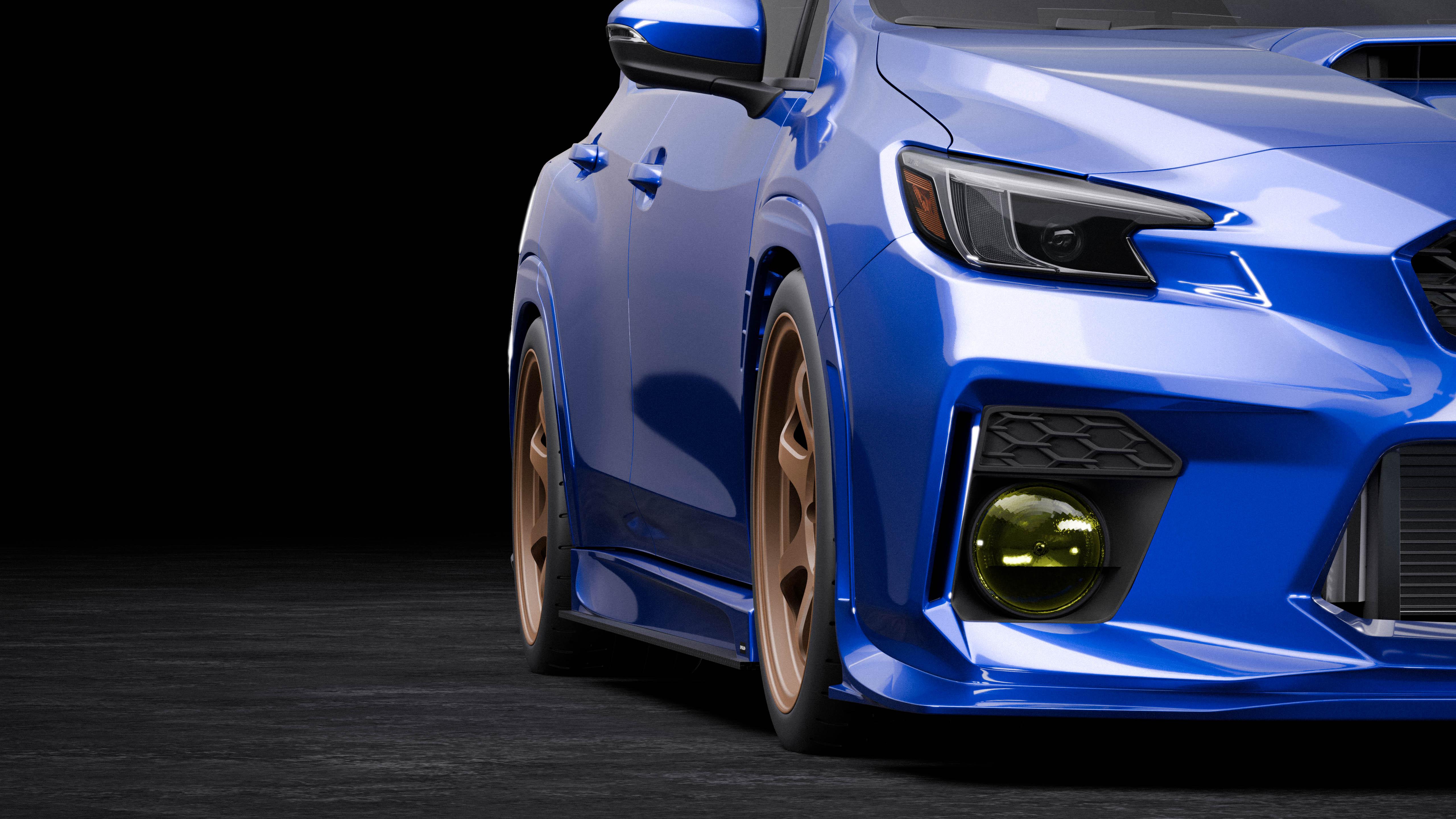 Close-up front three-quarter render of the front bumper and fog lights on a blue WRX VB