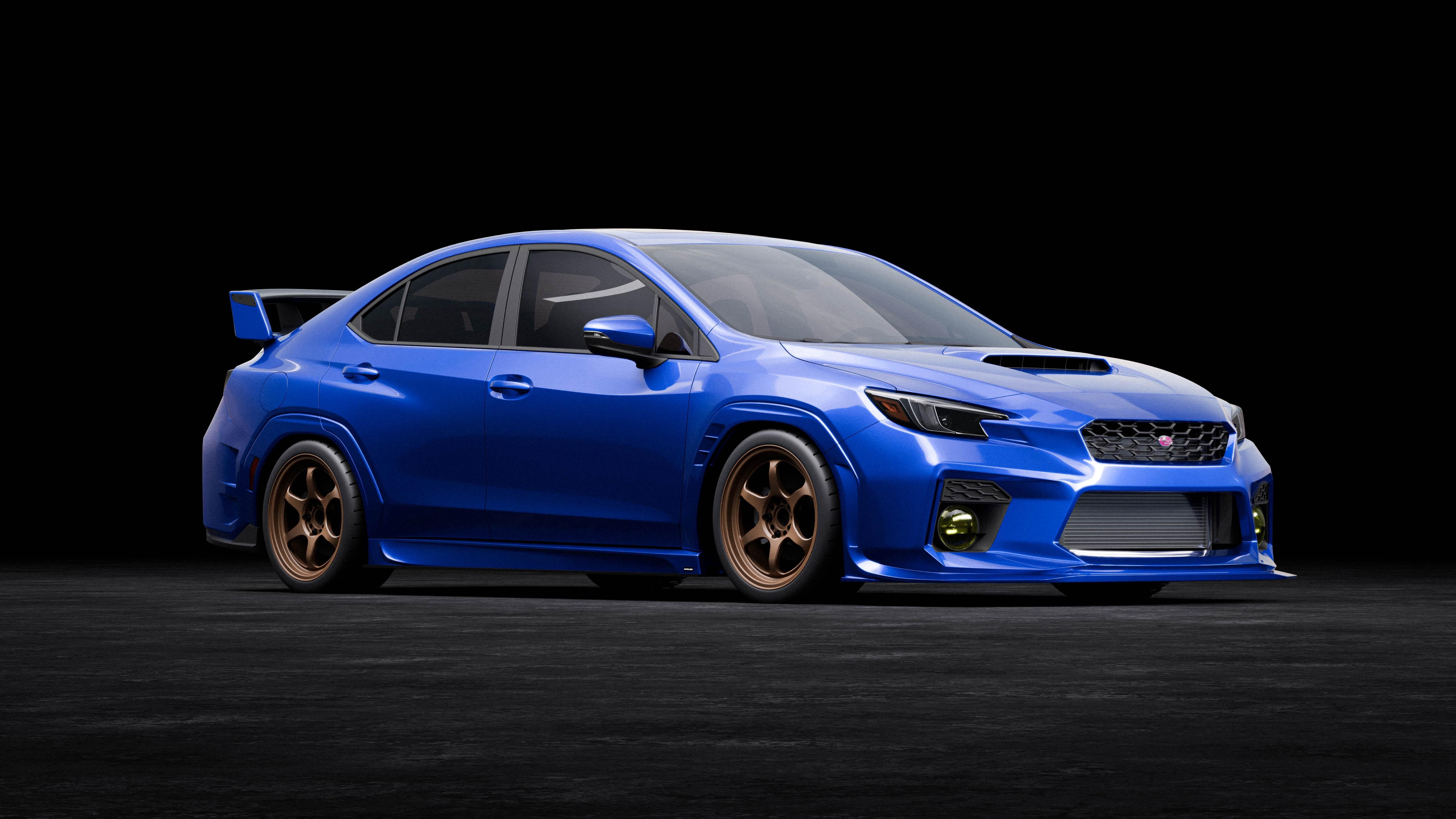 Side studio render of a blue Subaru WRX VB showing the front bumper profile