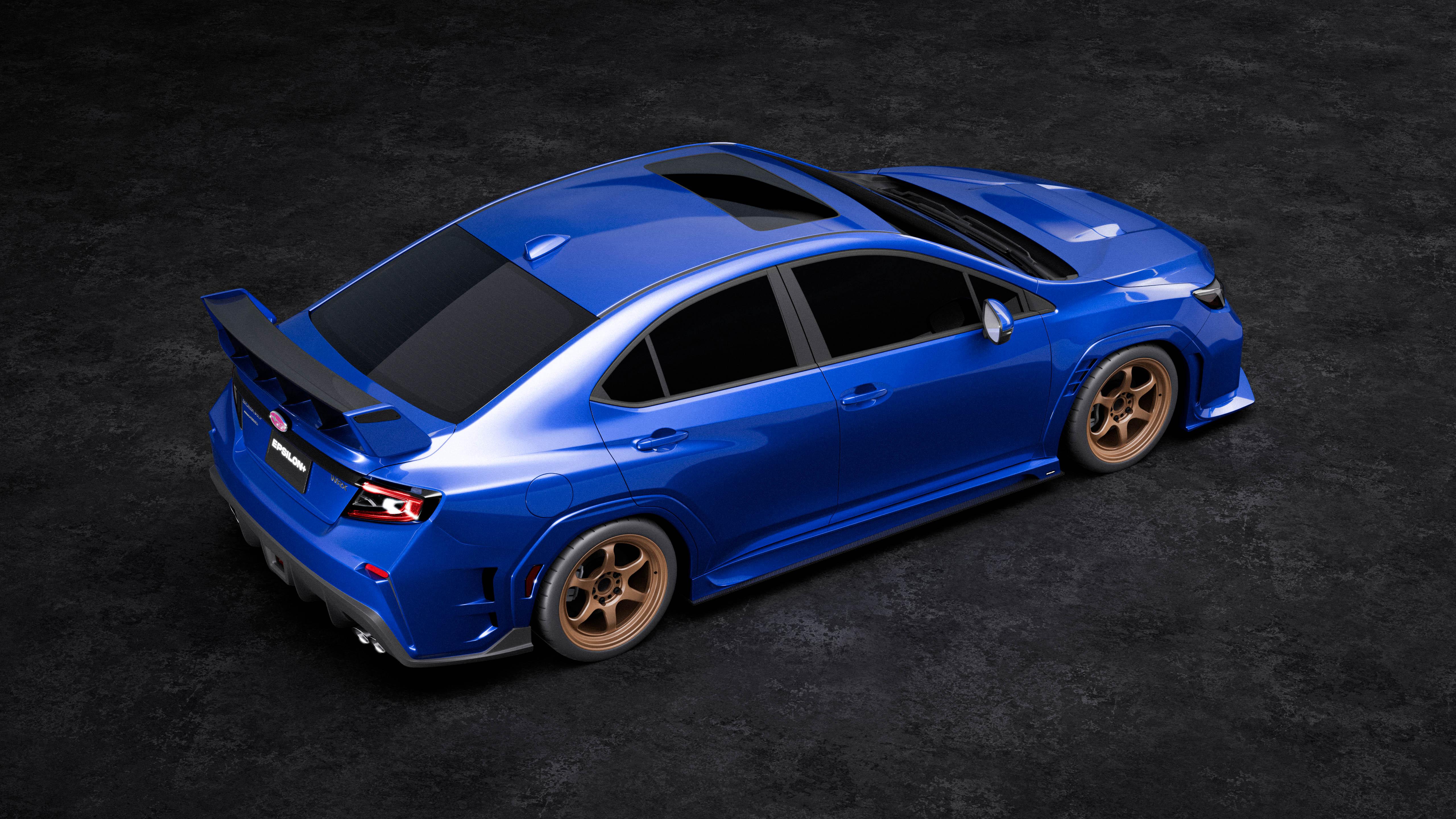 Front three-quarter studio render of a blue Subaru WRX VB showing the side skirt