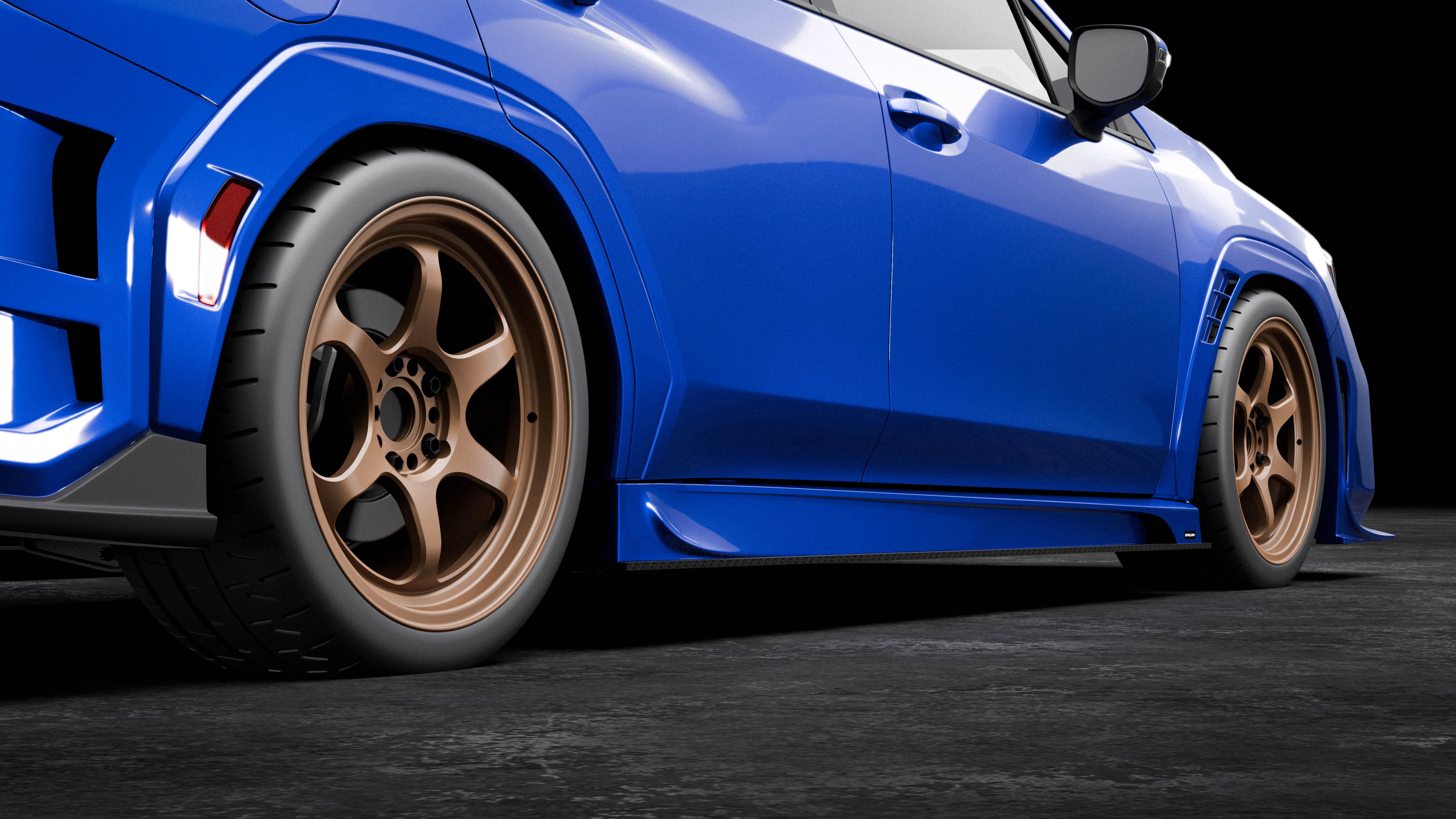 Close-up side profile render of a blue Subaru WRX VB with the side skirt