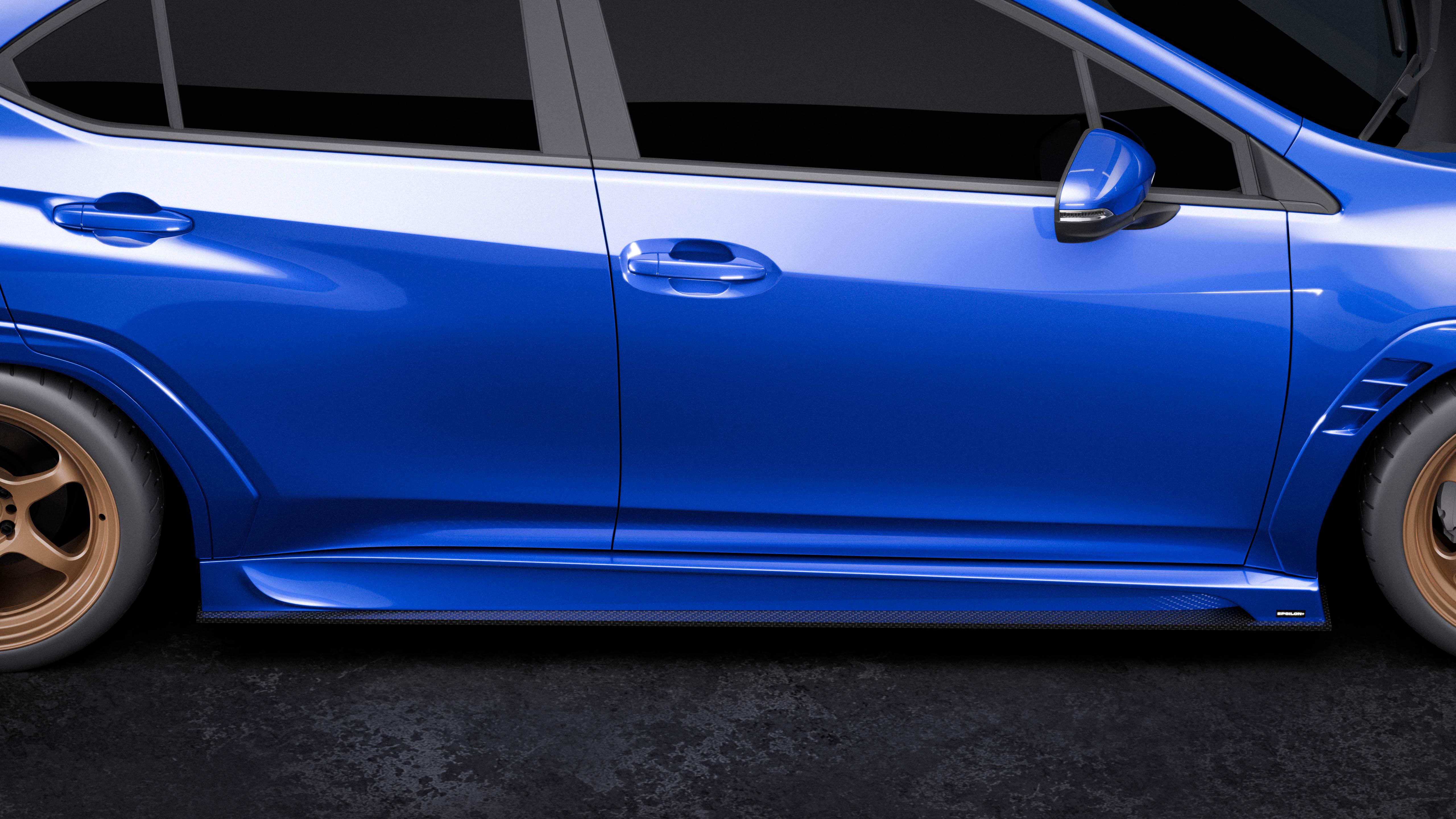 Close-up side profile render of the side skirt bargeboard on a blue Subaru WRX VB