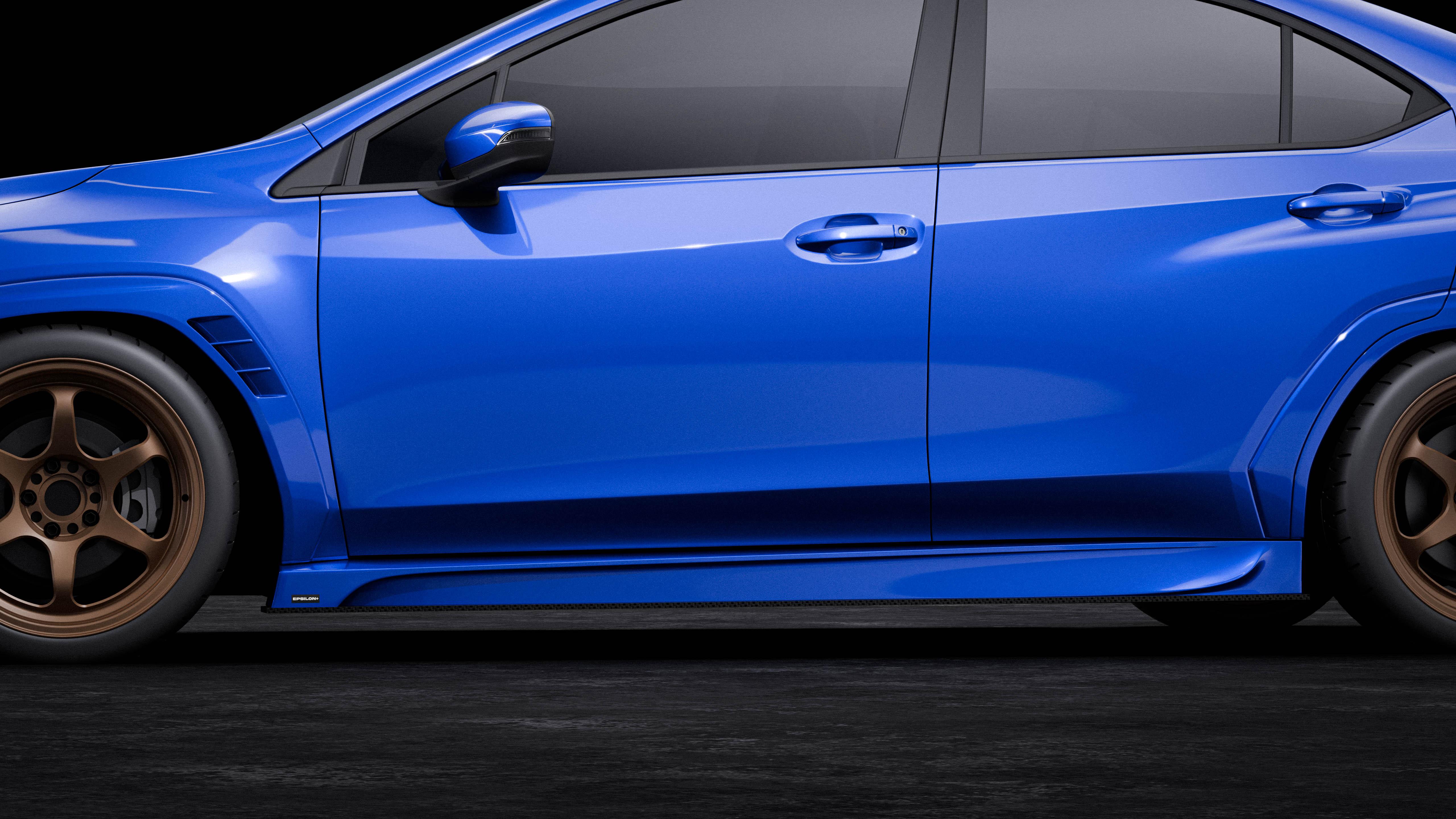 Side profile studio render of a blue Subaru WRX VB with the side skirt fitment