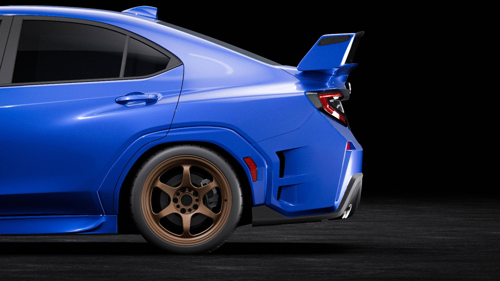 Close-up side profile render of a blue Subaru WRX VB showing the rear bumper