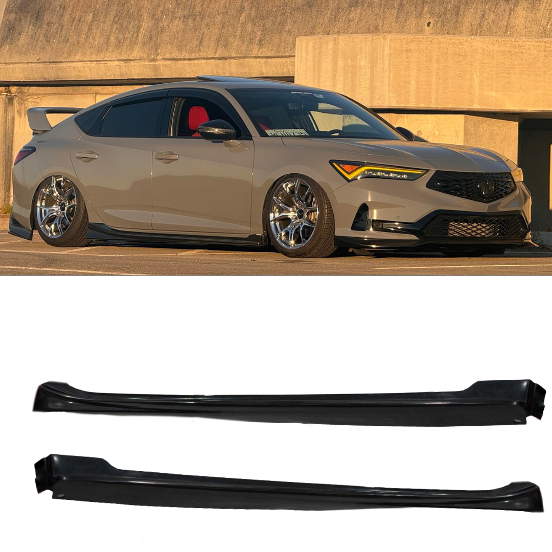 Epsilon+ side skirts for the Acura Integra DE4 shown fitted and as standalone parts