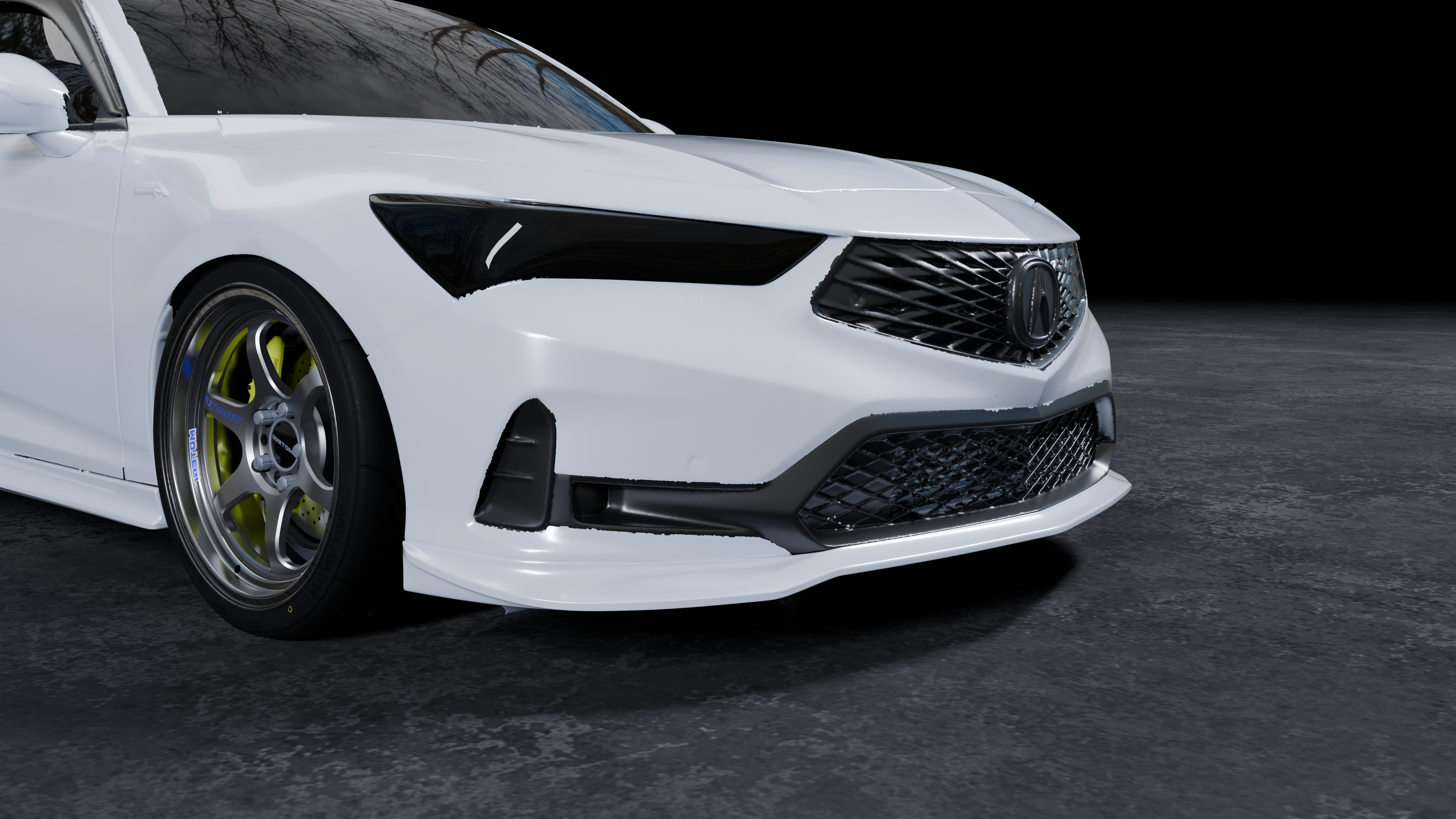 Low front corner render of the Acura Integra front lip and splitter edge
