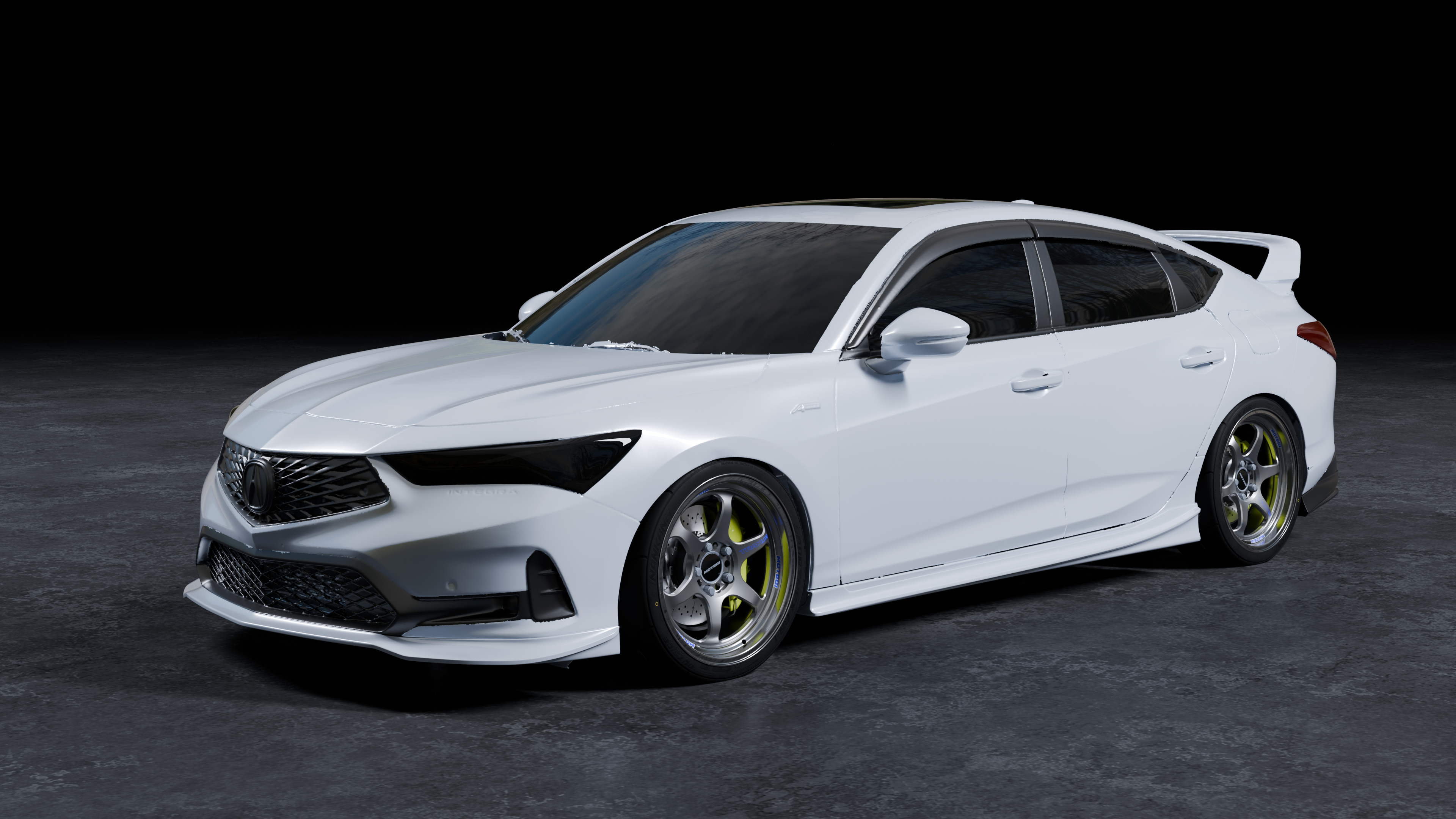 Studio render of a white Acura Integra with the front lip, front three-quarter view