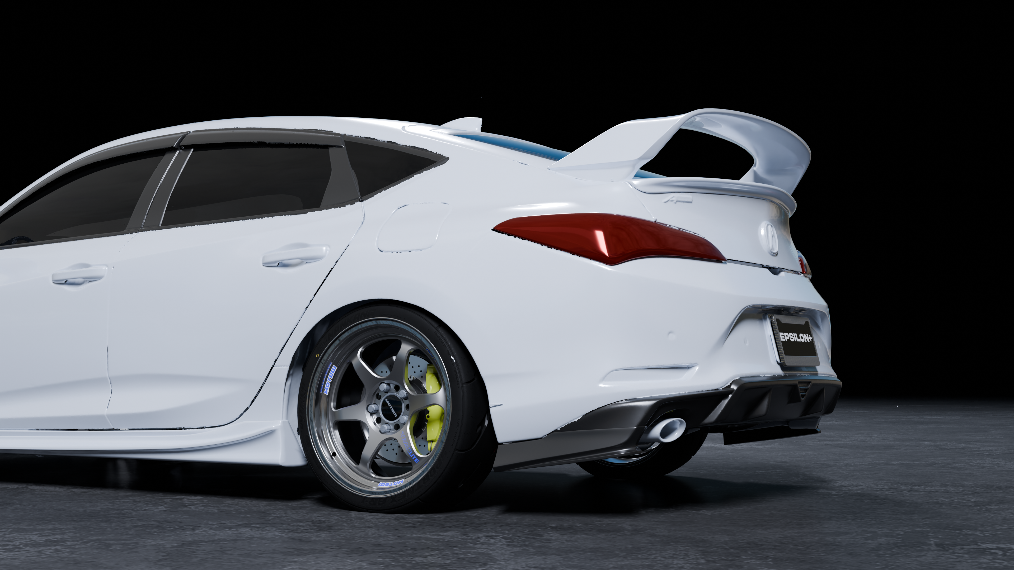 Side-rear render of the Acura Integra rear spat behind the wheel