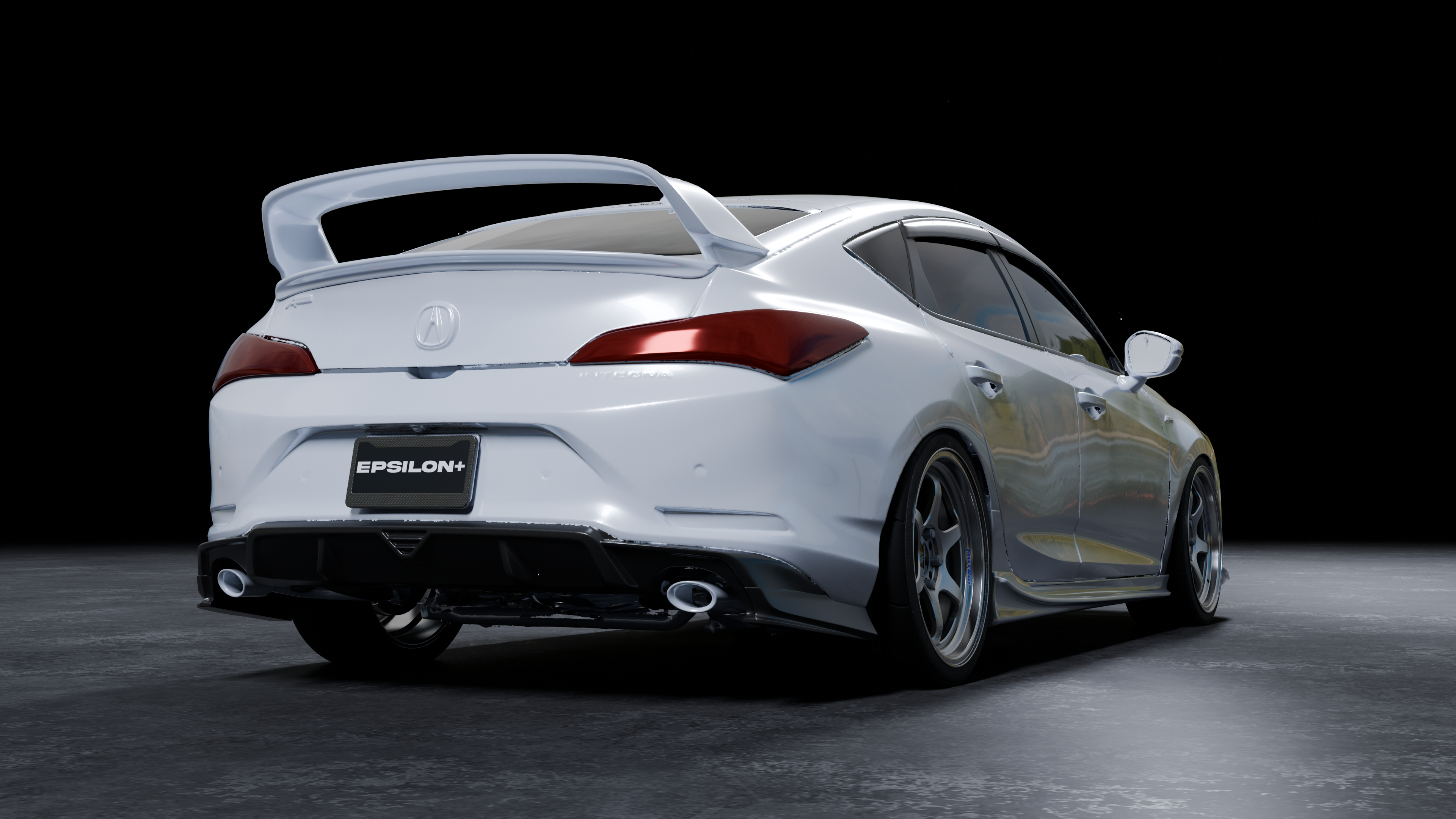 Rear three-quarter render of a white Acura Integra with rear spats