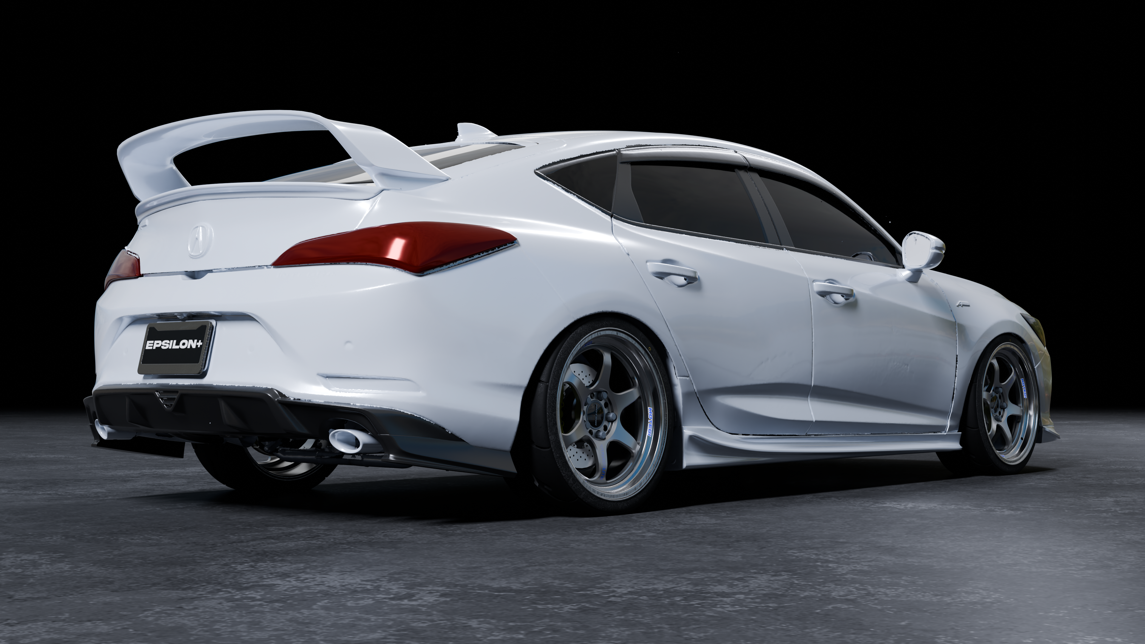 Rear side render of a white Acura Integra showing the rear spat profile