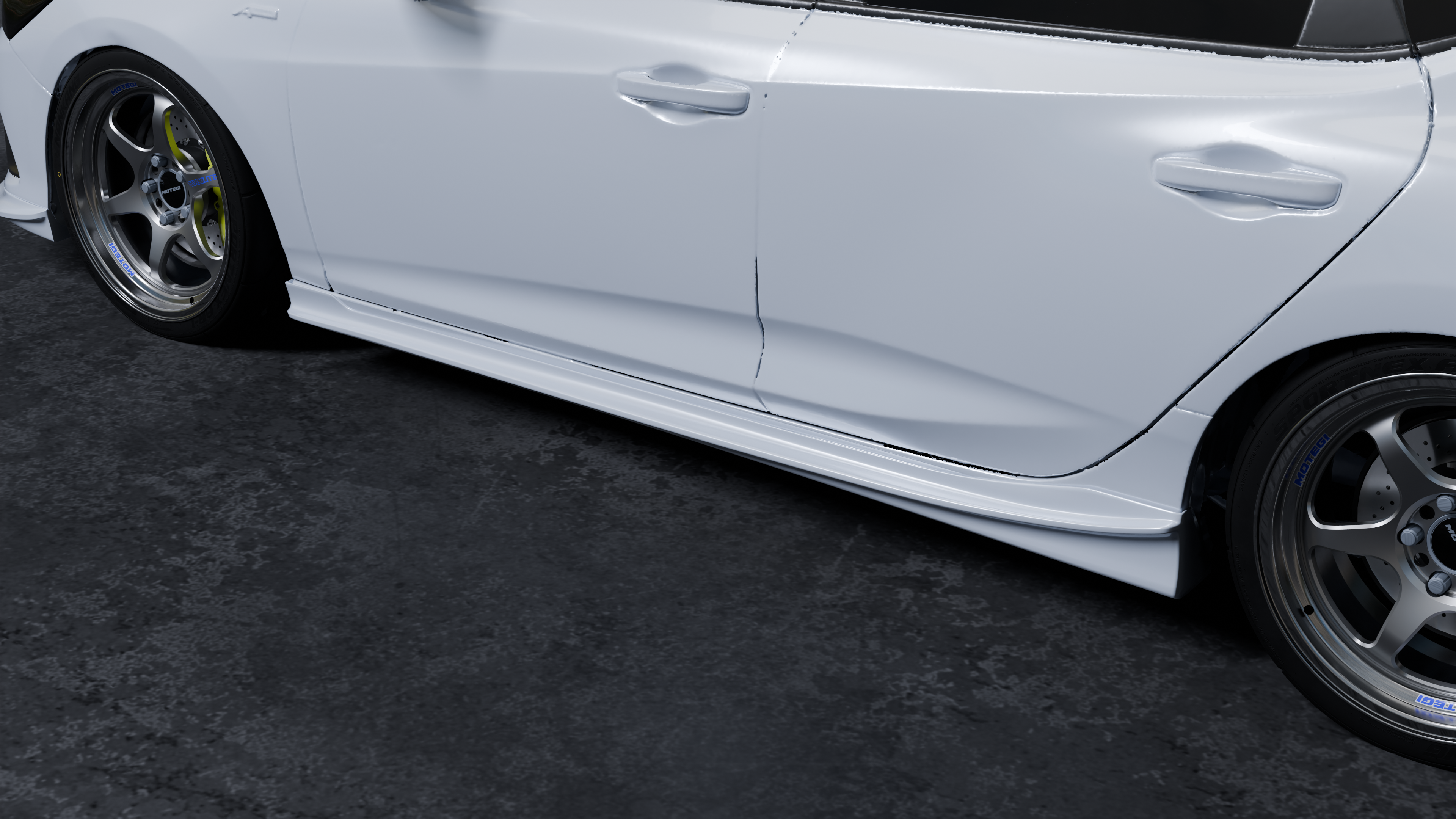 Close render of the side skirt along the rocker of an Acura Integra