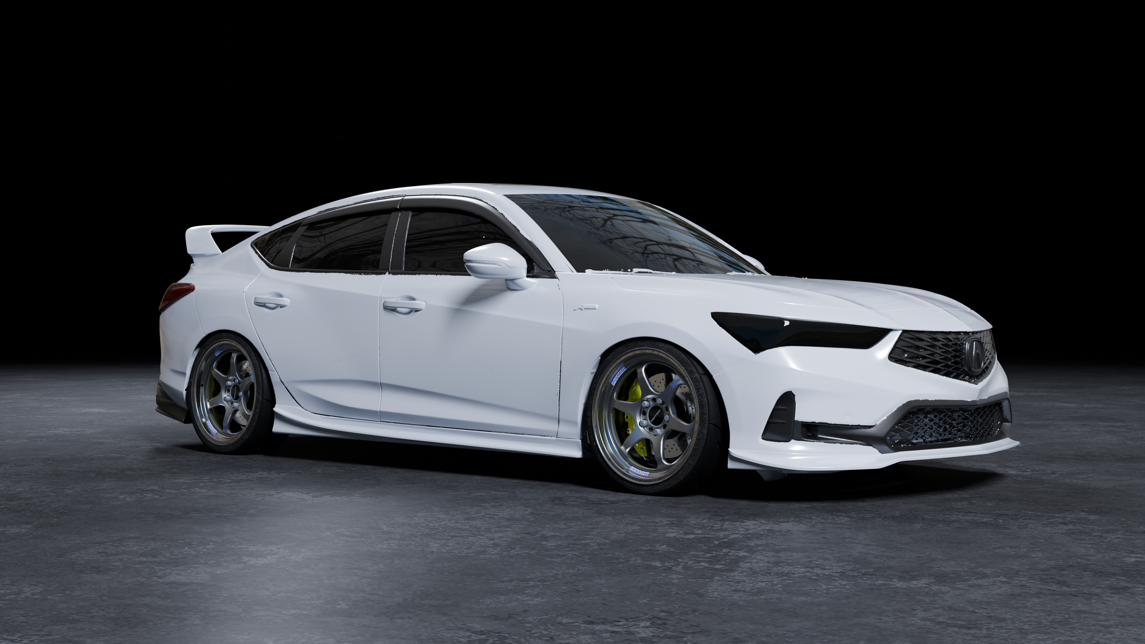 Angled render of the Acura Integra side skirts and front lip