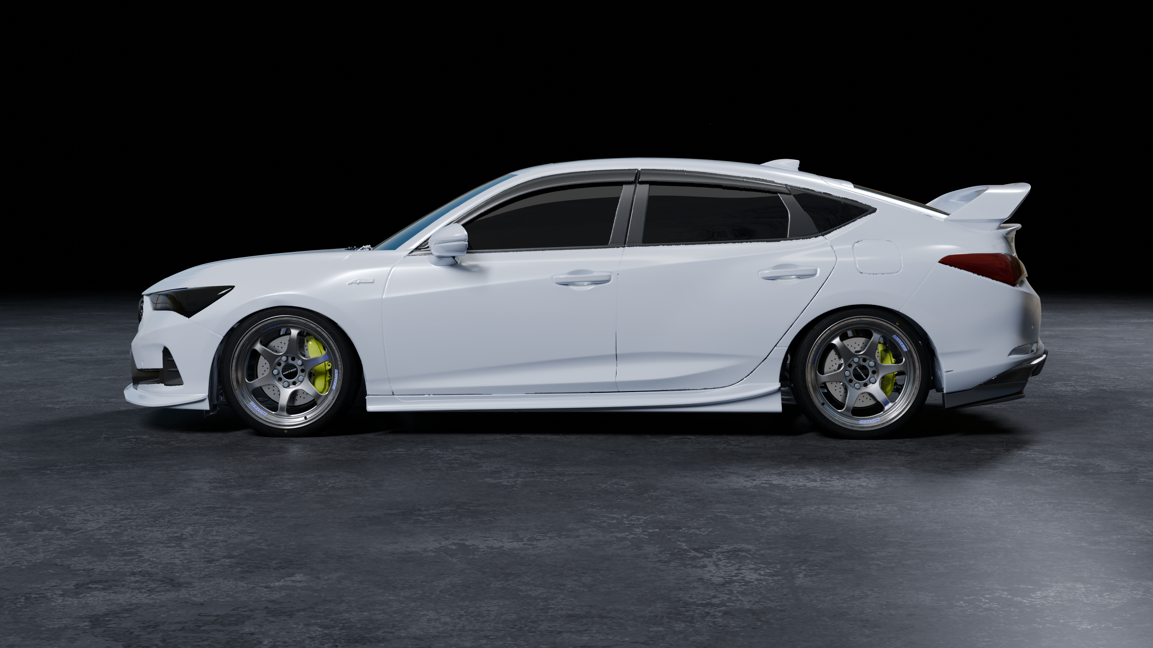 Side profile render of a white Acura Integra with side skirts fitted