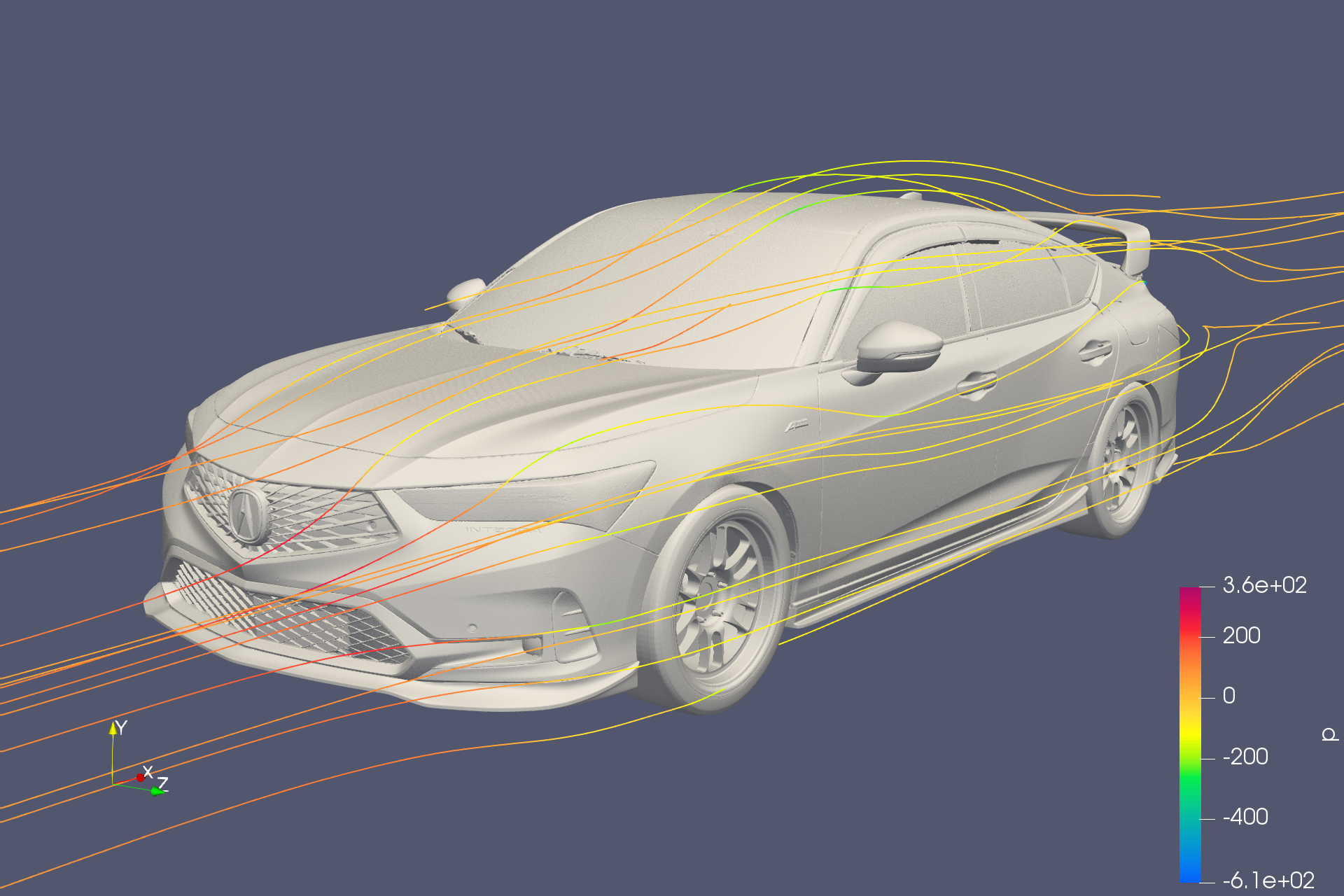 CFD airflow simulation showing streamlines along the Acura Integra body and Sport Wing