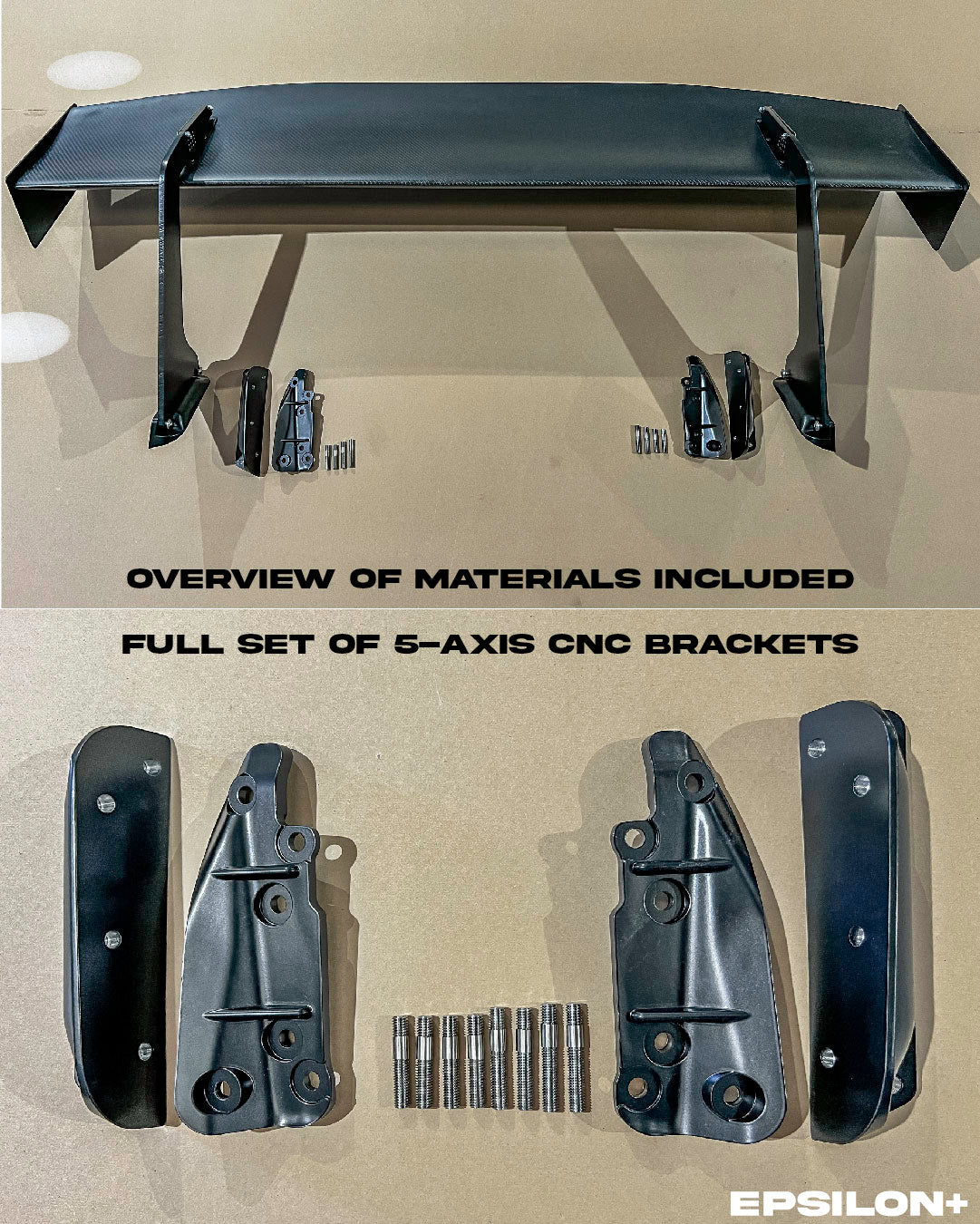 Studio shot of the GT wing mounting bracket set with hardware overview