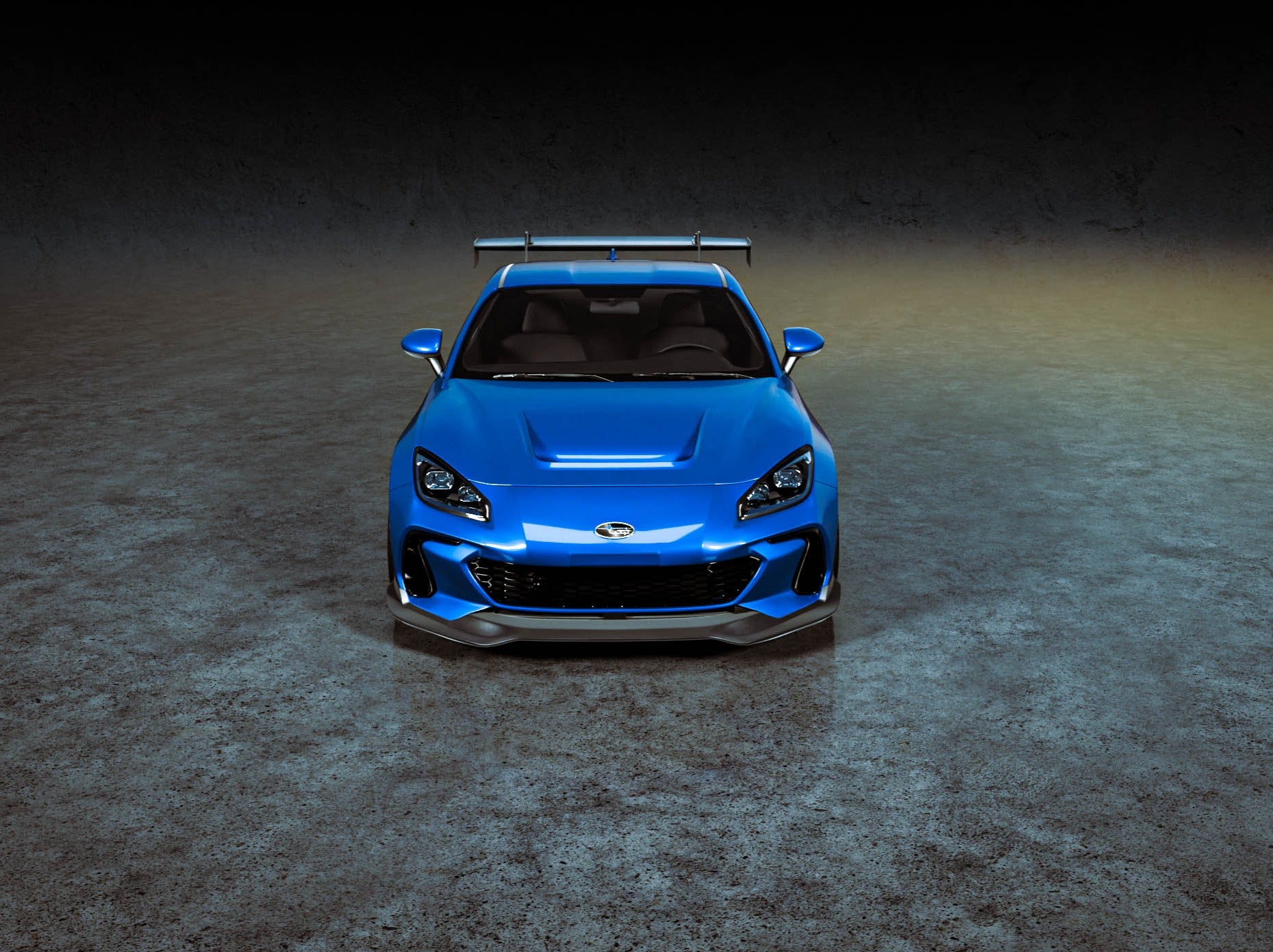 Front-on render of a blue Subaru BRZ ZN8 with the Epsilon+ front lip