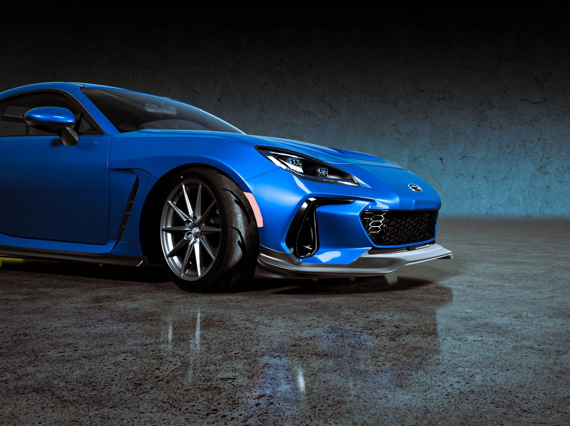 Low front three-quarter render of a blue Subaru BRZ ZN8 with front lip