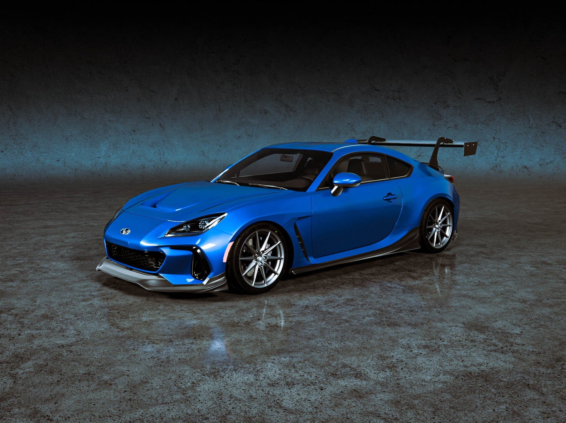 Render of a blue Subaru BRZ ZN8 with the full Epsilon+ lip kit and GT wing