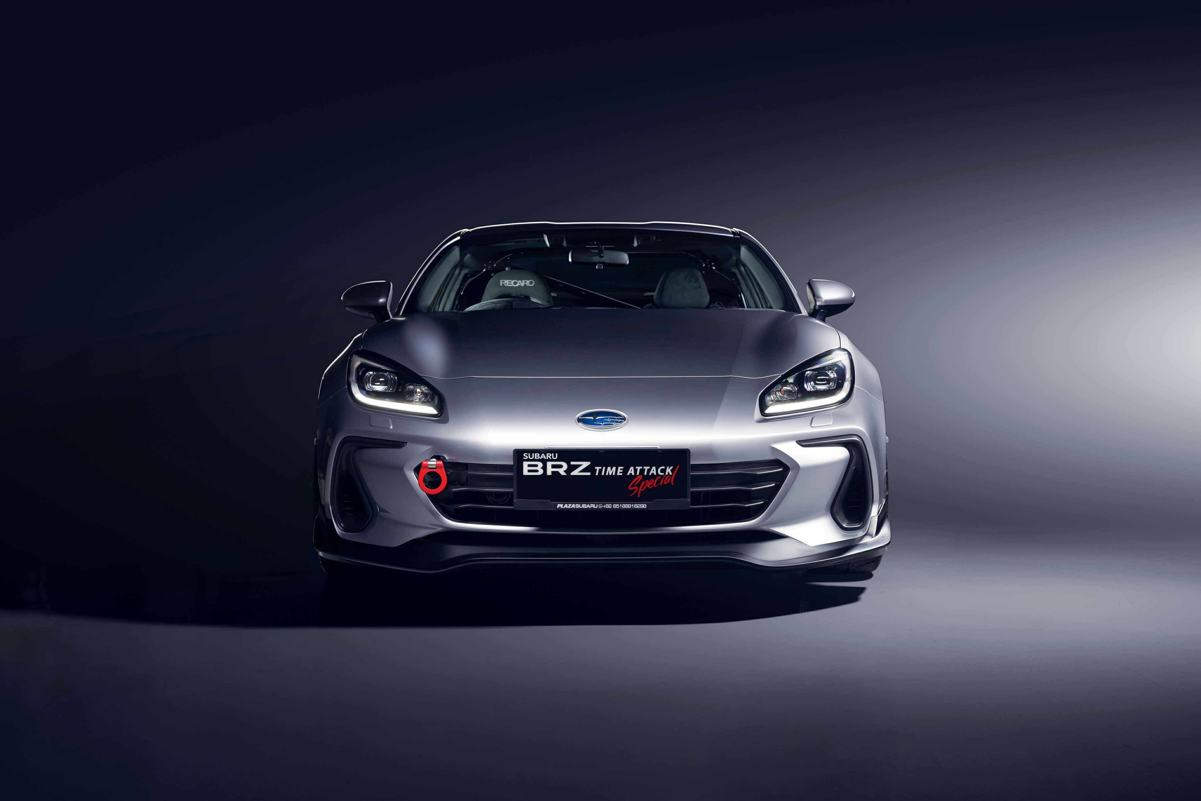 Front-on studio view of a silver Subaru BRZ ZN8 with the Epsilon+ front lip