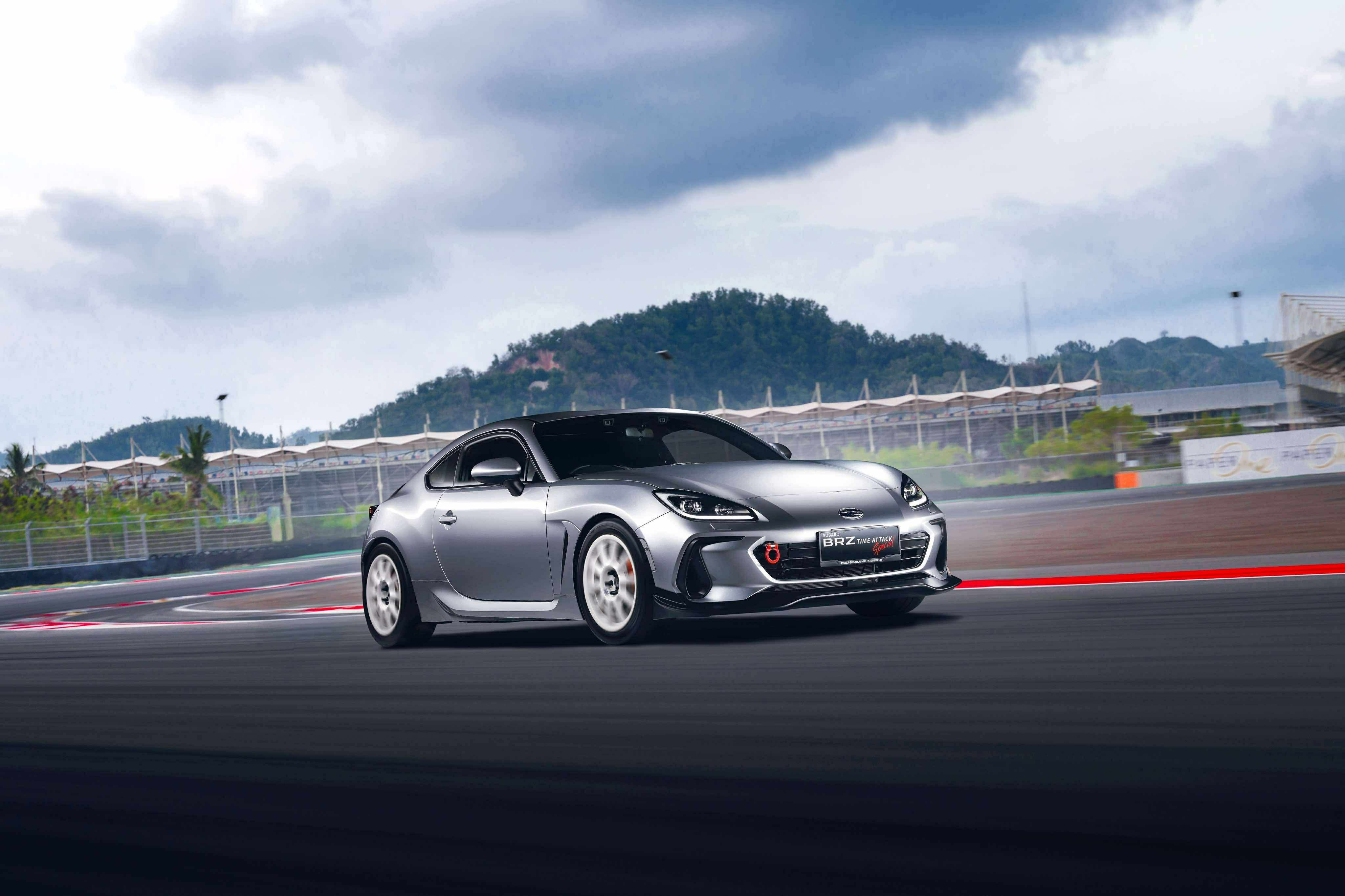 Silver Subaru BRZ ZN8 with front lip on a road course