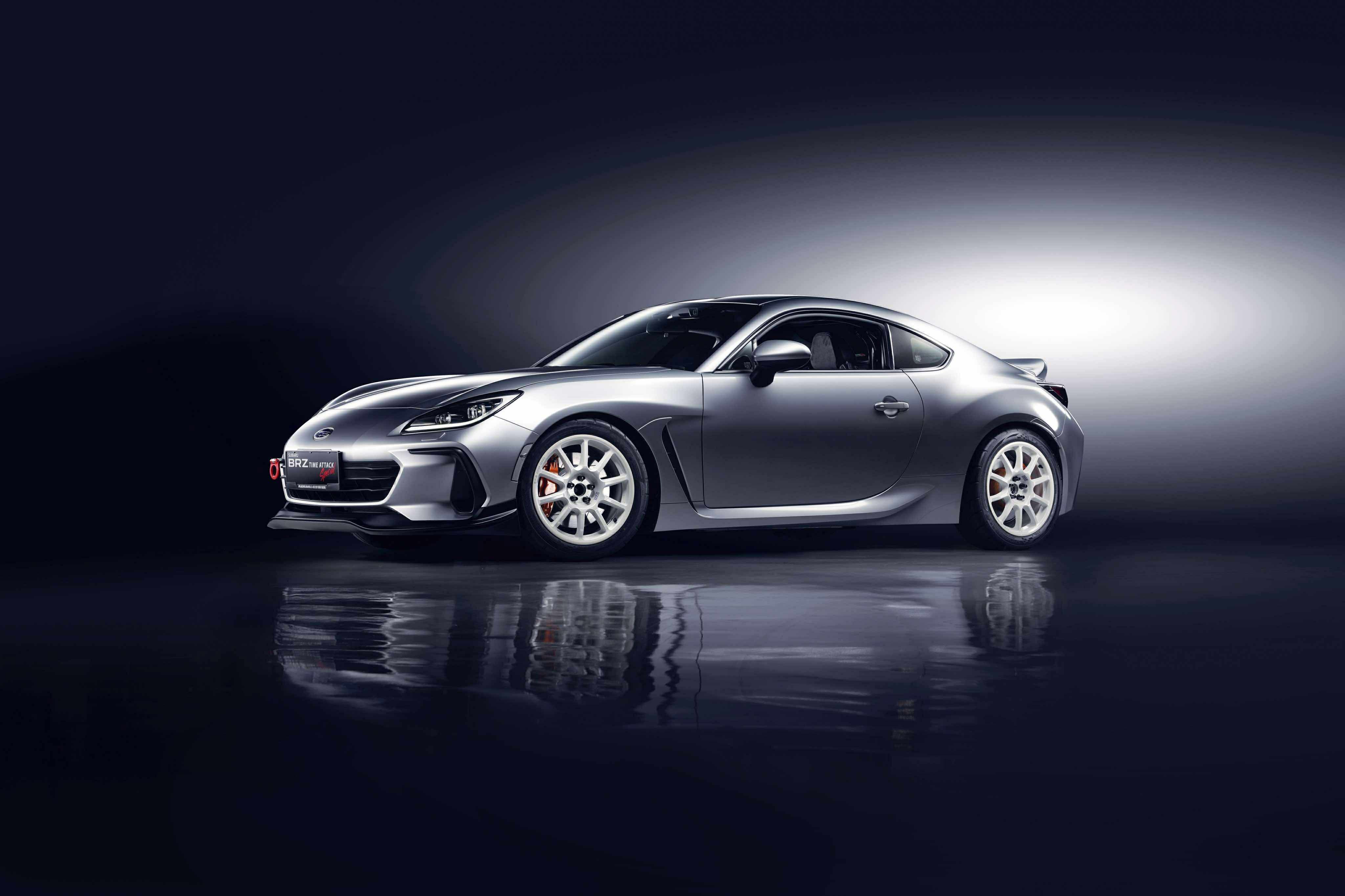 Side profile studio shot of a silver Subaru BRZ ZN8 with front lip