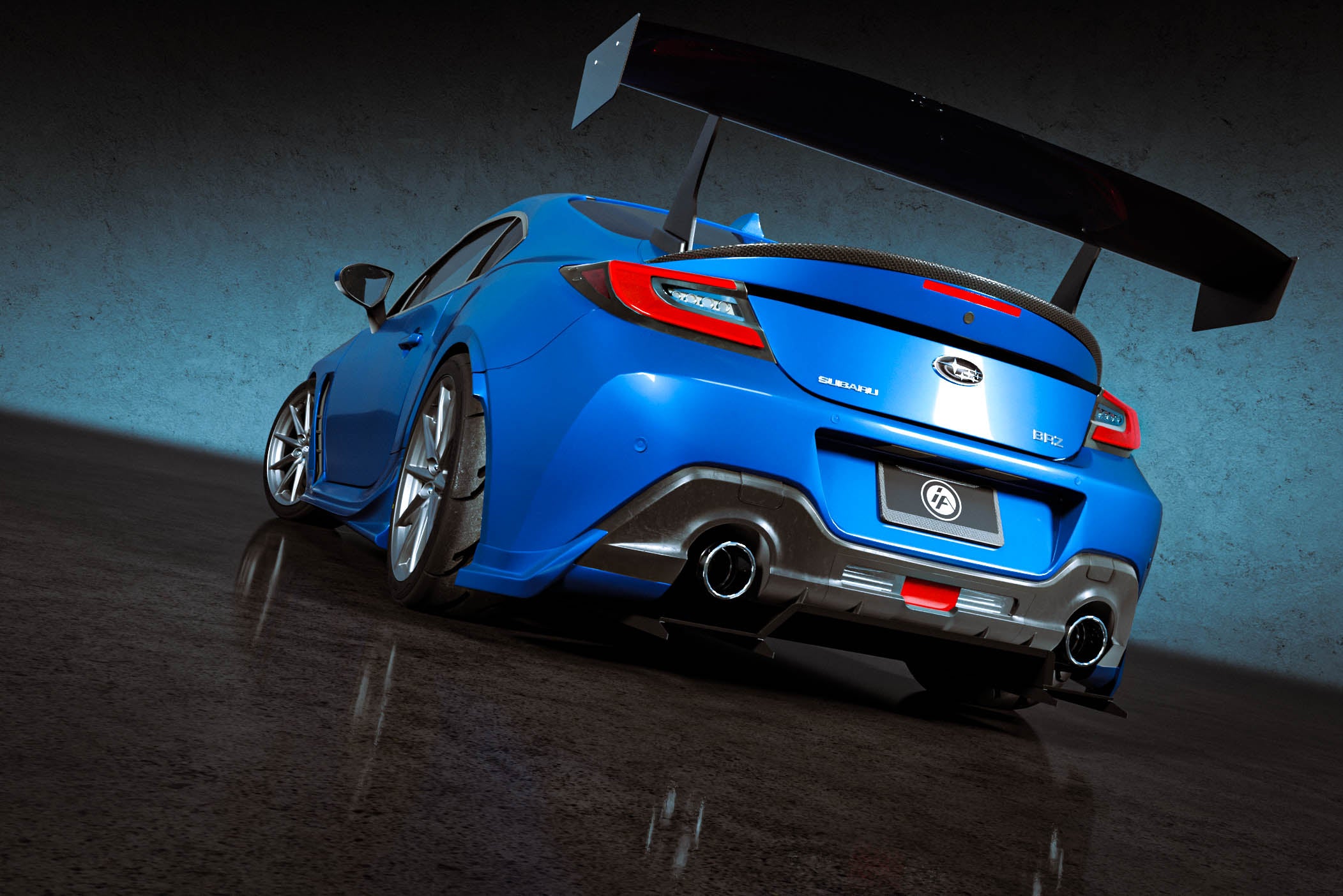 Rear-on render of a Subaru BRZ ZN8 with body-matched rear spats