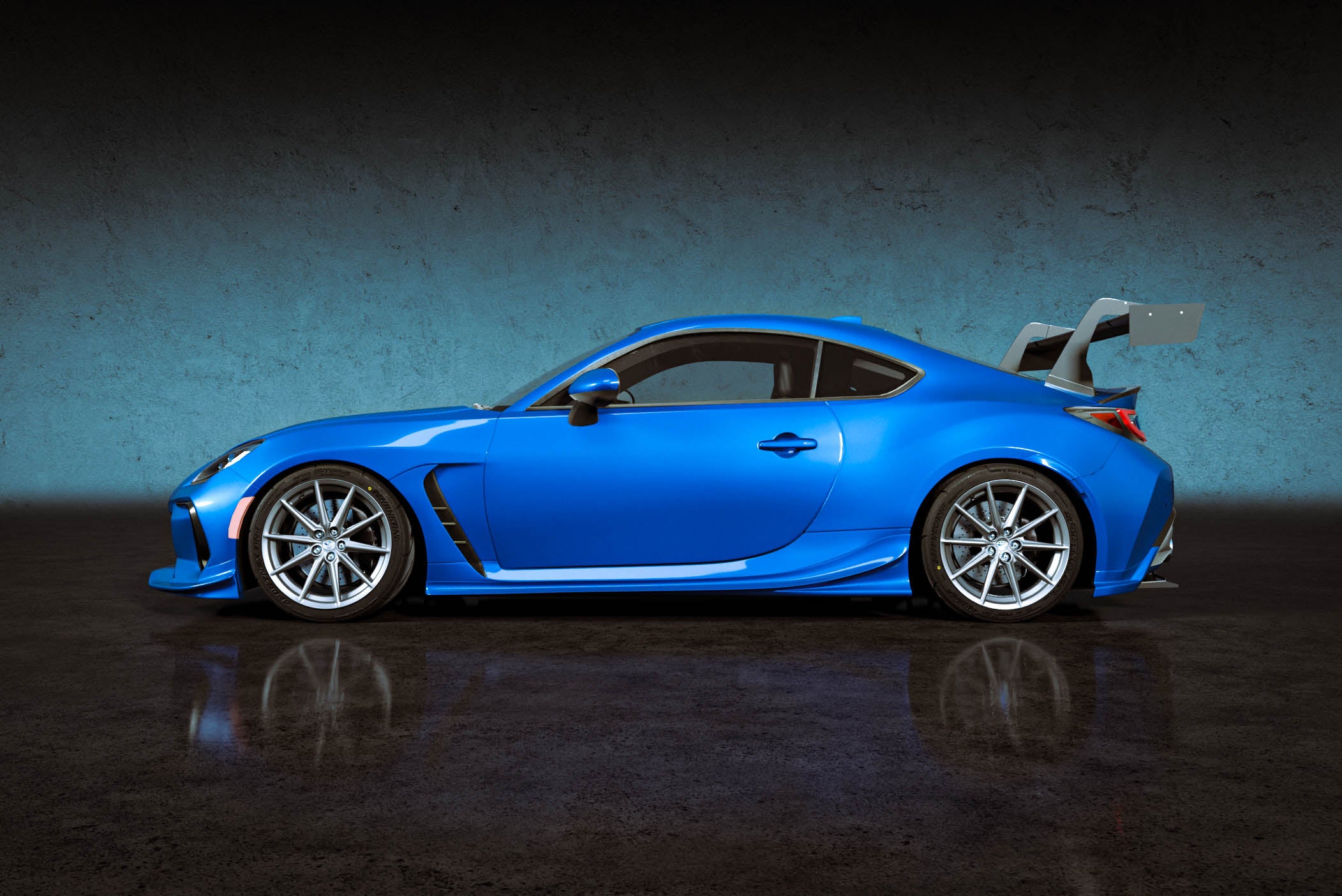 Side profile render of a blue Subaru BRZ ZN8 with side skirts and GT wing