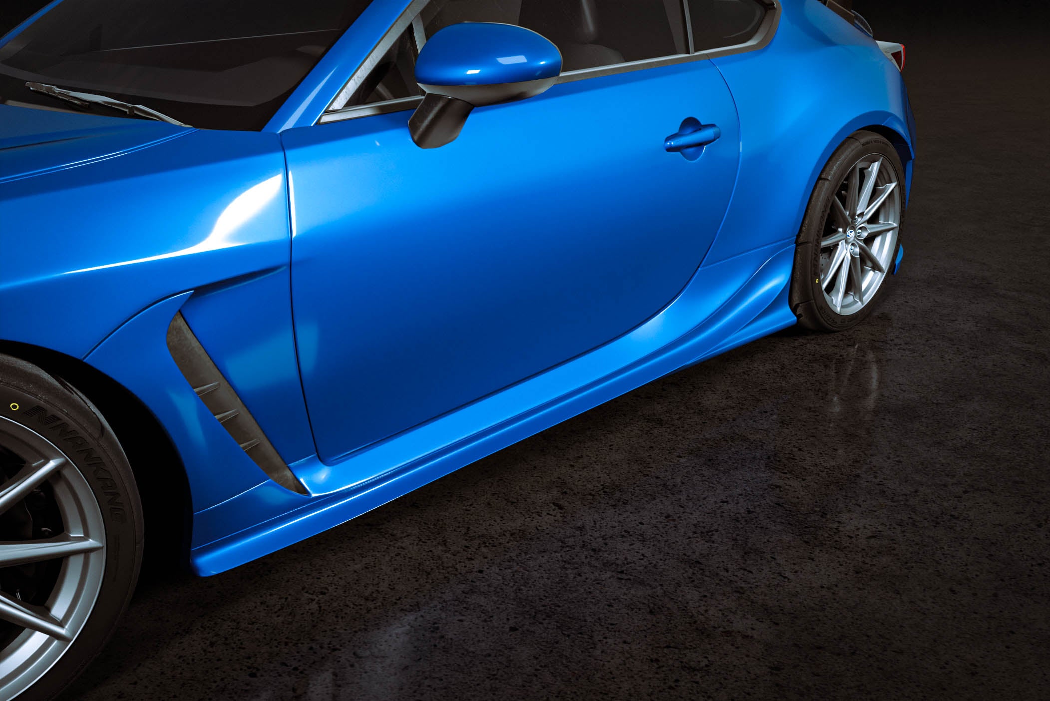Close render of body-matched side skirts on a blue Subaru BRZ ZN8