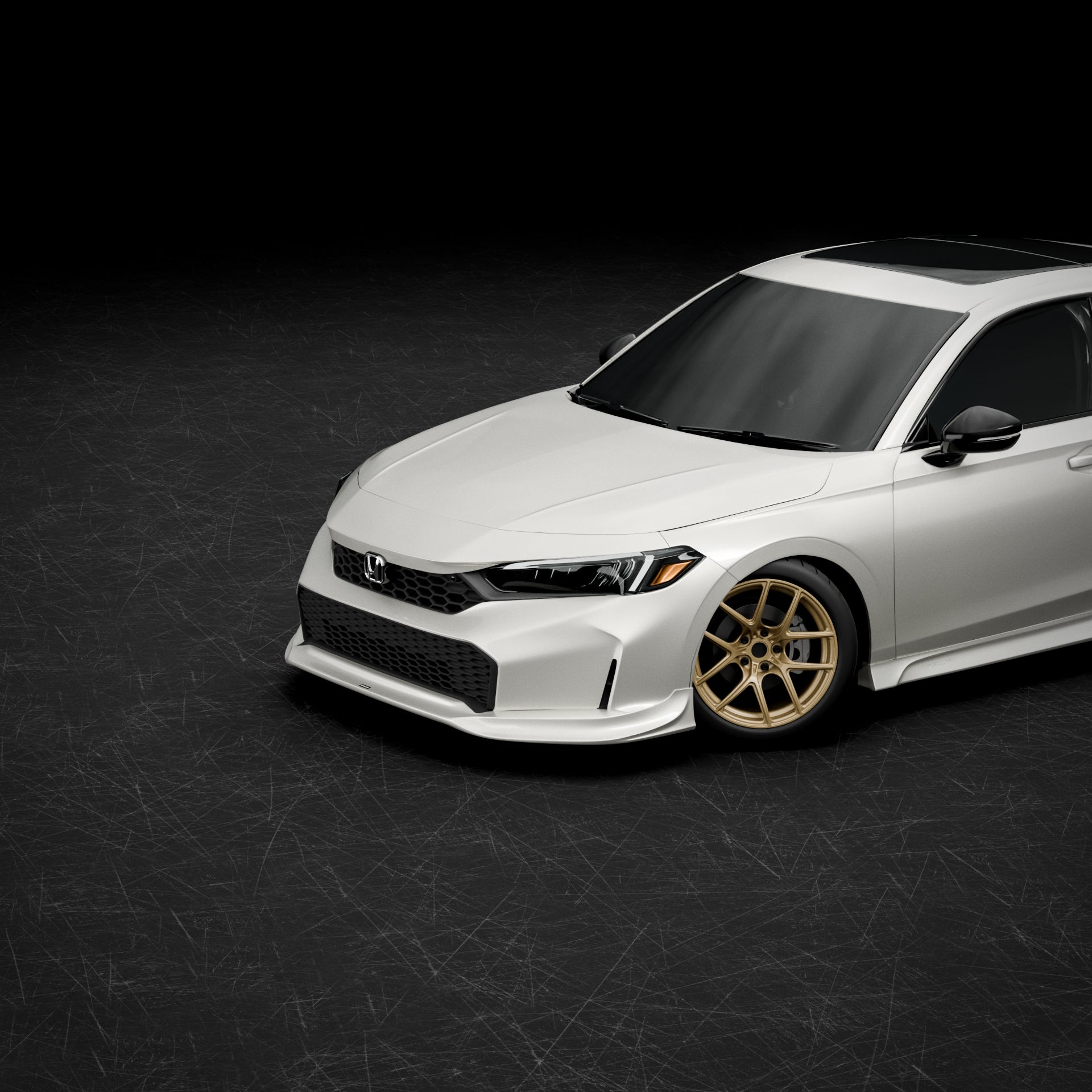 Elevated front three-quarter render of a white Honda Civic Sedan with front lip