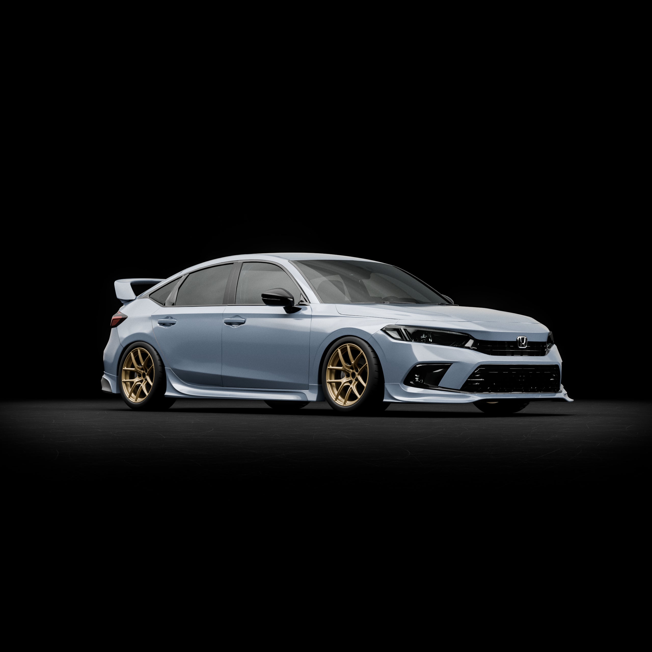 Studio render of a white Honda Civic Hatchback with the Epsilon+ side skirts