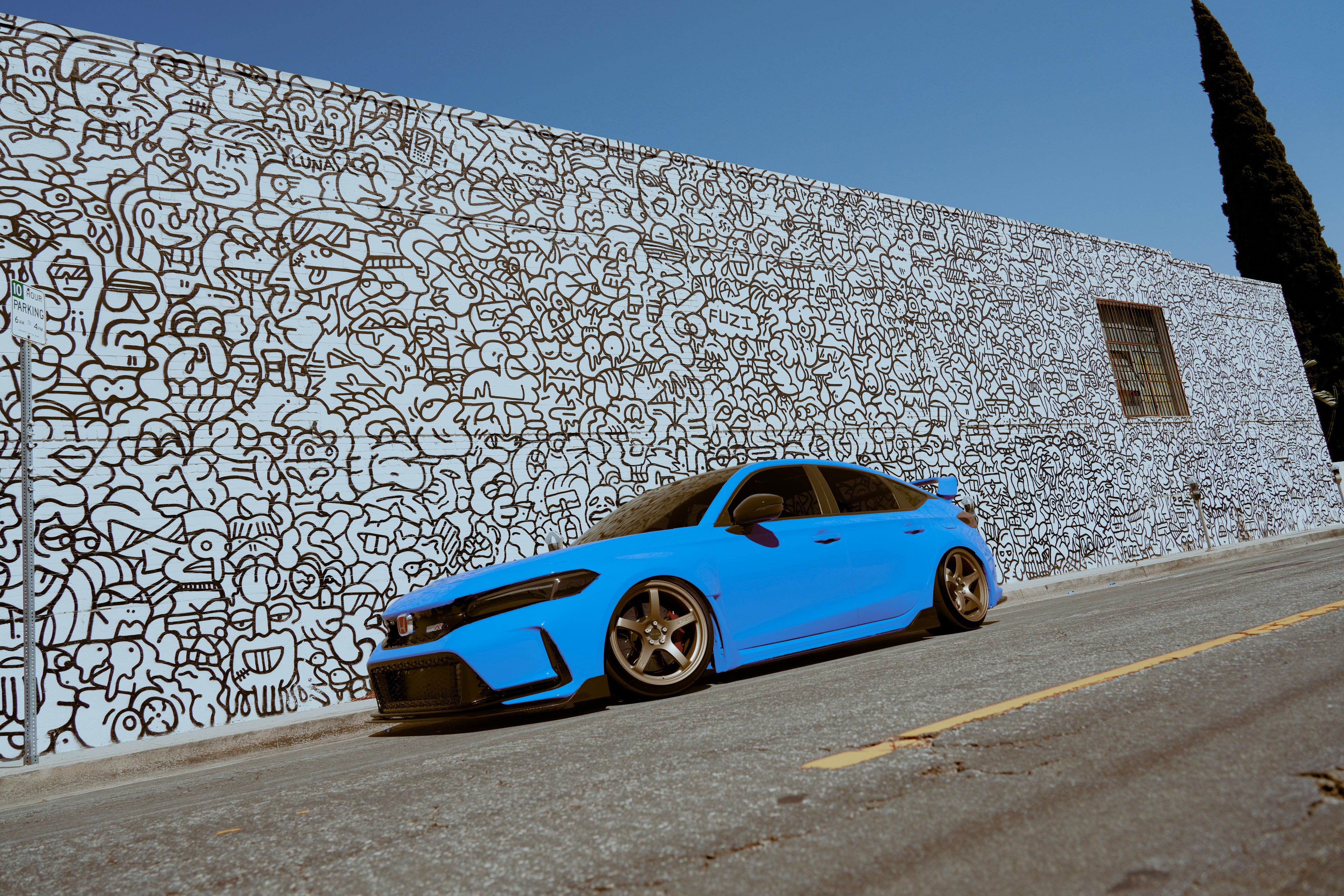 Side profile of a blue Honda Civic FL5 with Sport Wing beside a mural wall