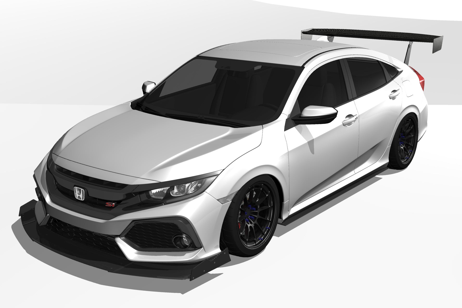 Front three-quarter 3D render of a silver Civic Si Sedan FC1 with GT wing installed