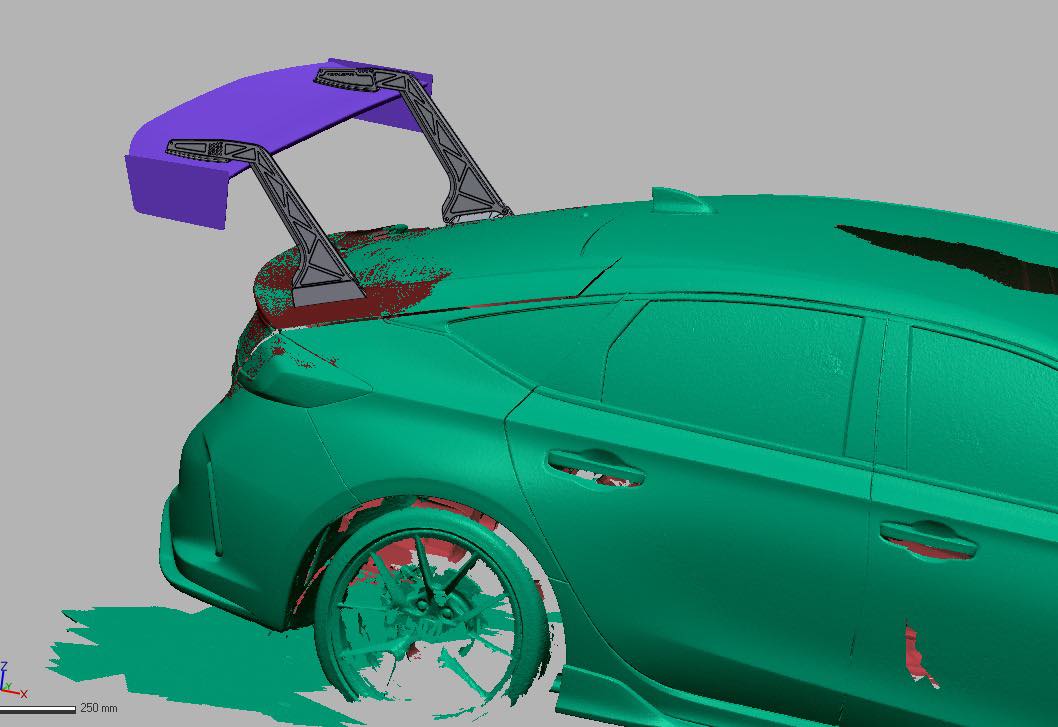 3D scan of the Civic Type R FL5 rear three-quarter with GT wing geometry